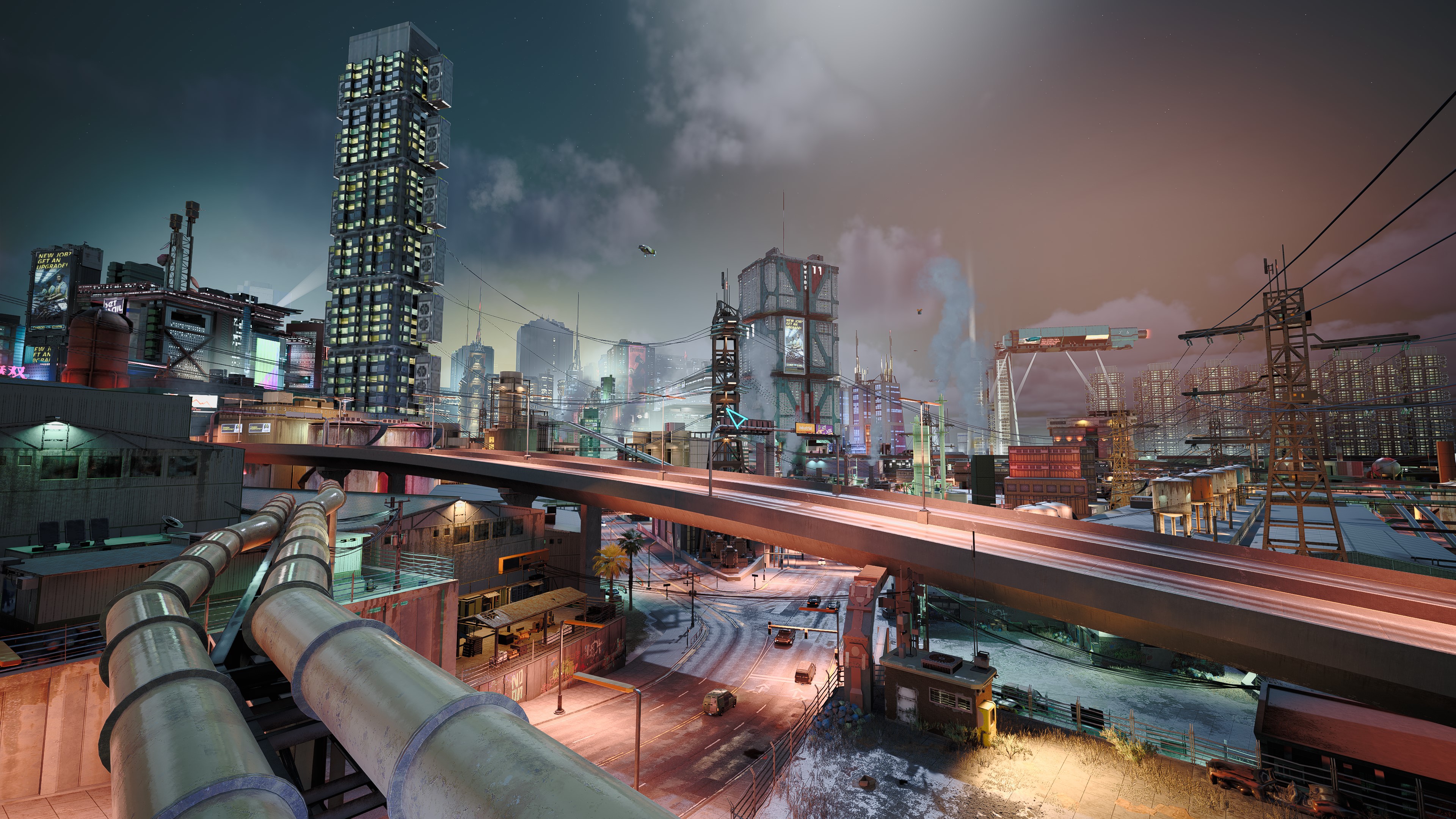 Cyberpunk Cyberpunk 2077 PC Gaming HDR CGi Building Clouds Sky City City Lights Road Video Games Nig 3840x2160