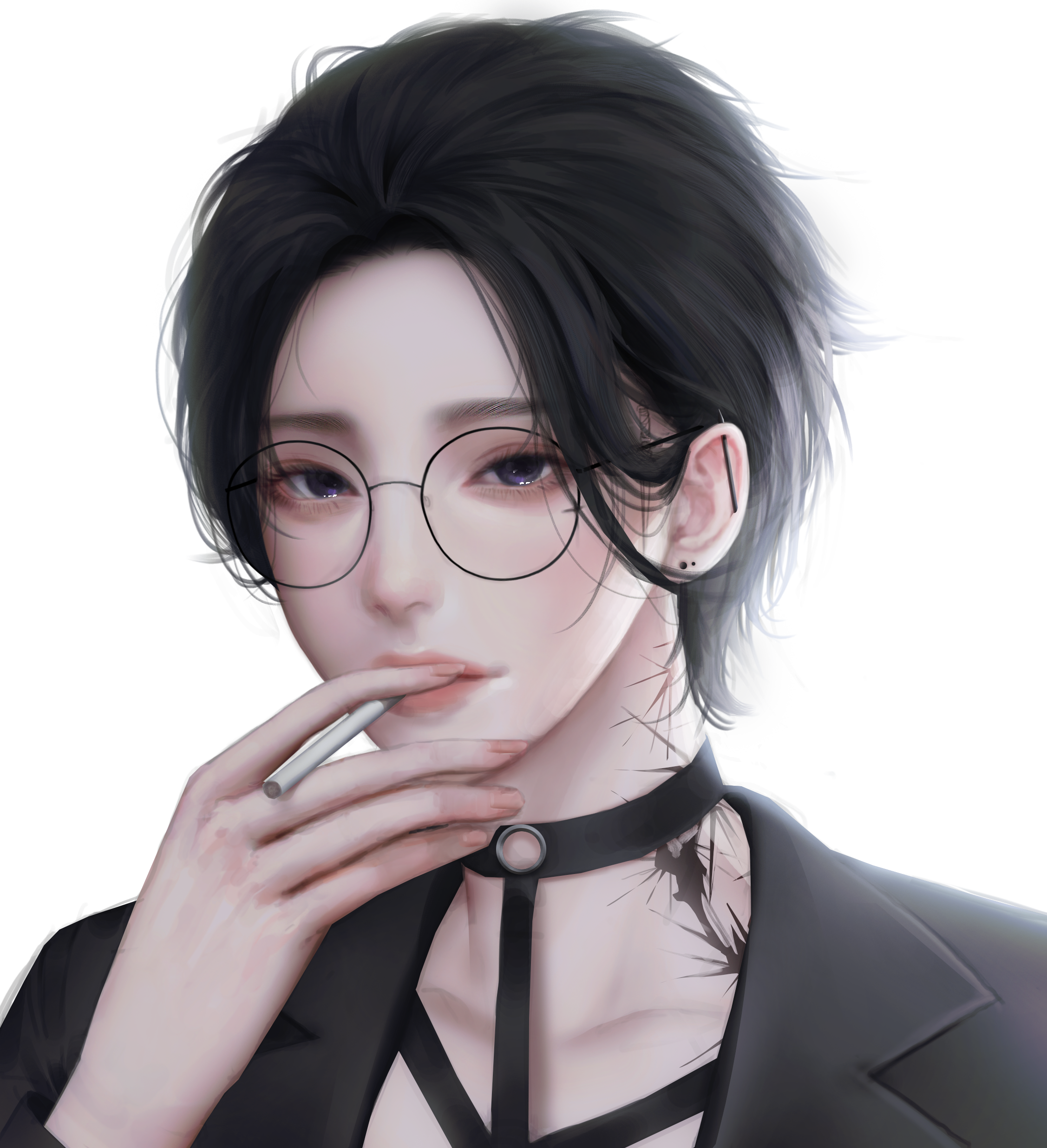 Fantasy Girl Painting Yong Jun Park Glasses Cigarettes Black Hair Black Background Smoking 2254x2472