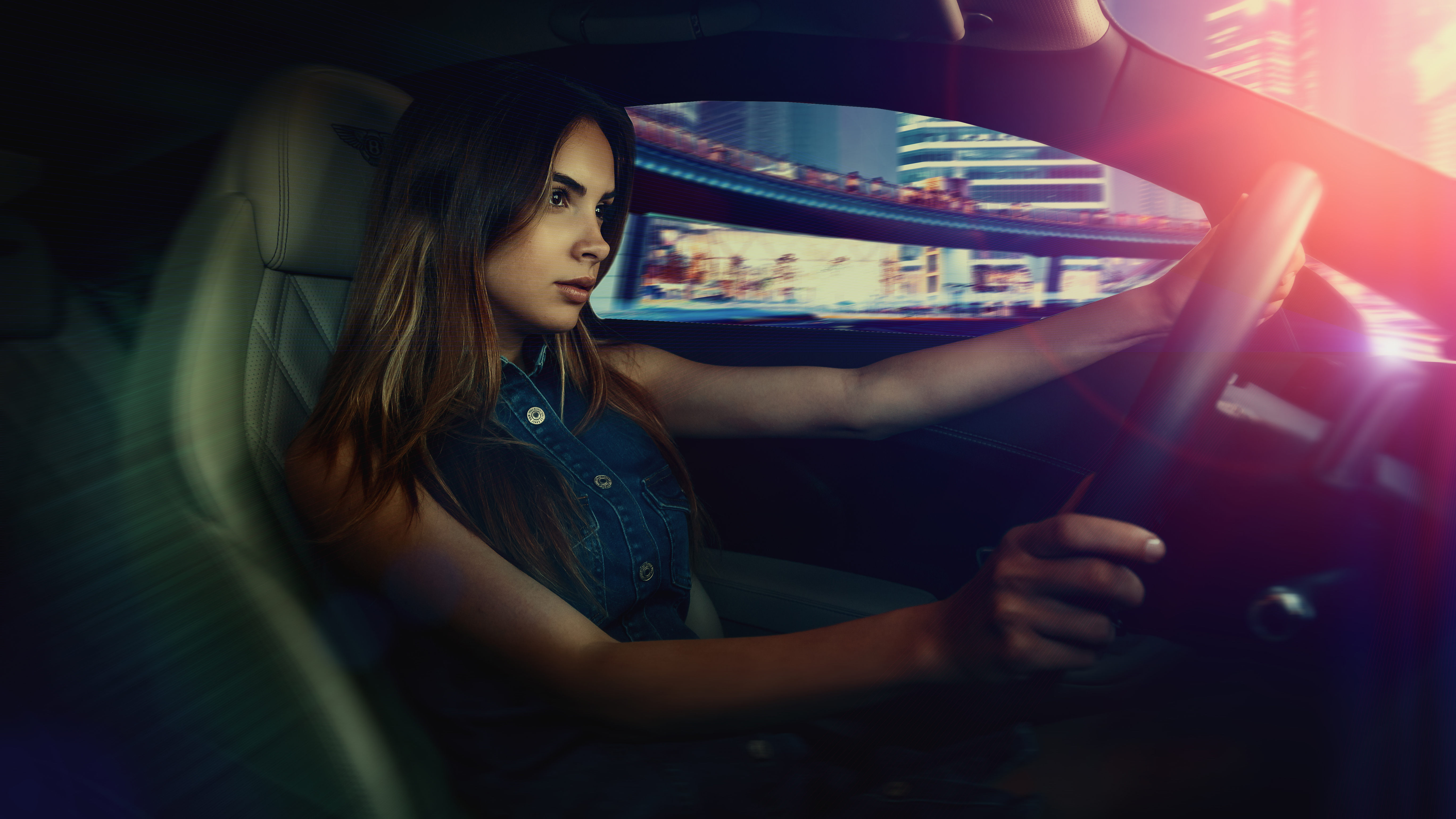 Women Model Car Car Interior Brunette Dark Eyes Jeans Driving 5472x3078