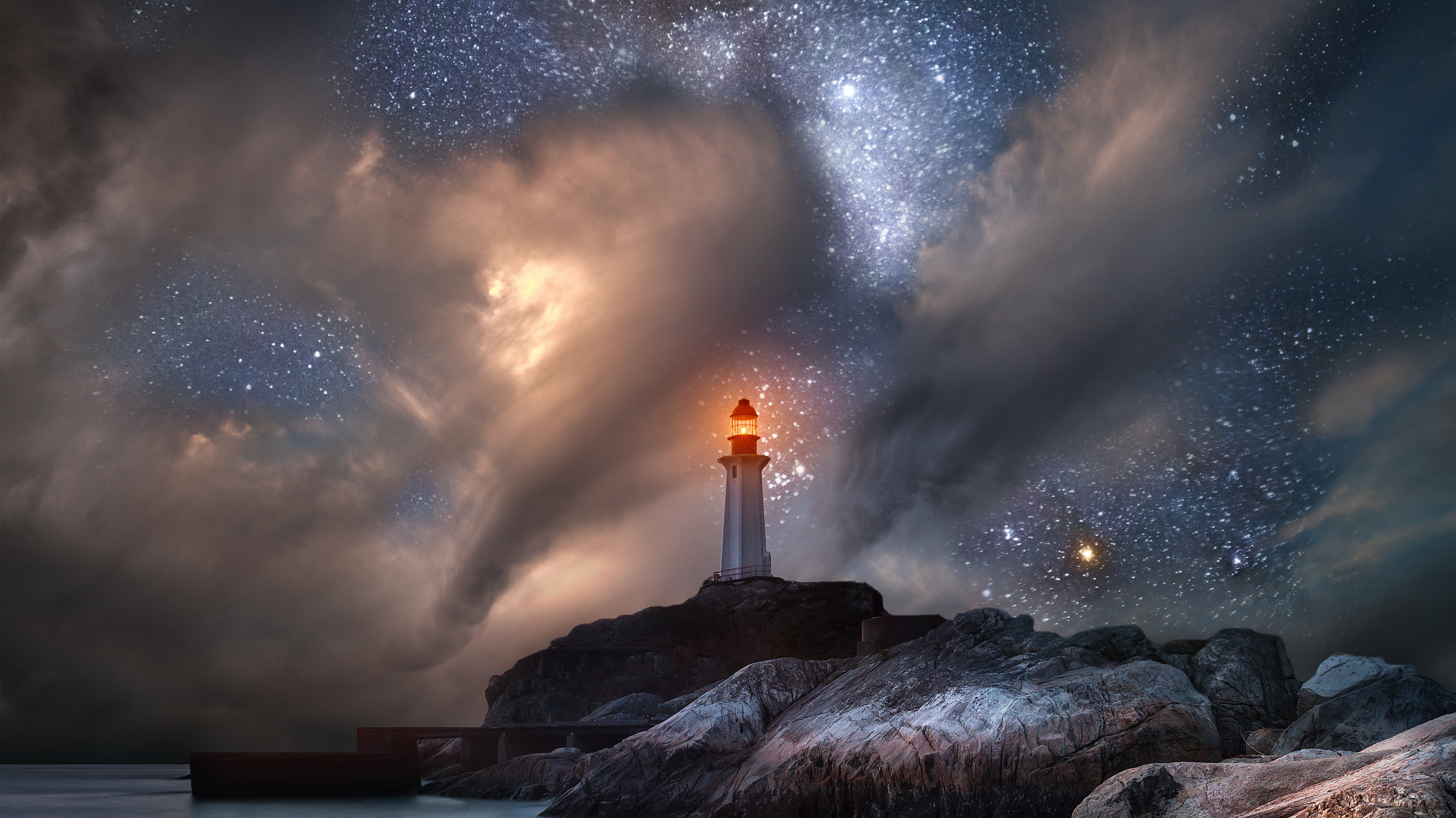 Nightscape Landscape Photography Lighthouse Clouds Sea Rocks 3843x2160