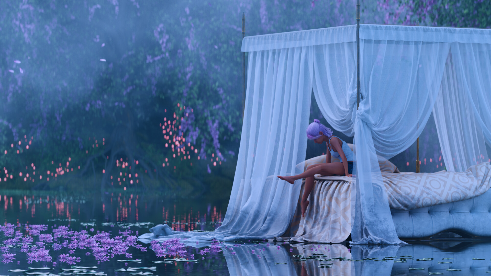 Michael Johnson Artwork Digital Art Women Bed Fantasy Art Fantasy Girl Sitting Reflection Water 1920x1080