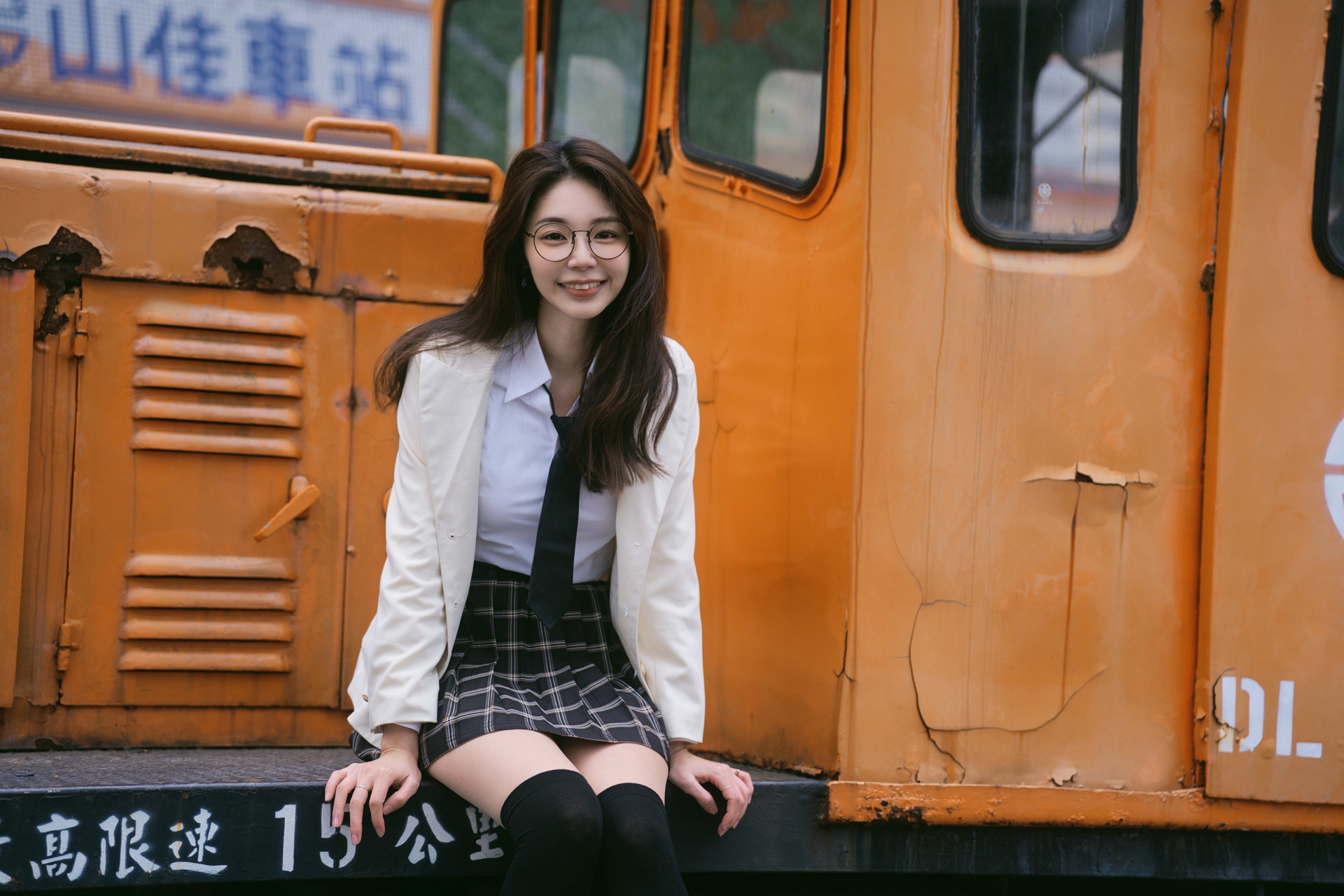 Asian Model Women Long Hair Dark Hair Locomotive Sitting 1920x1280