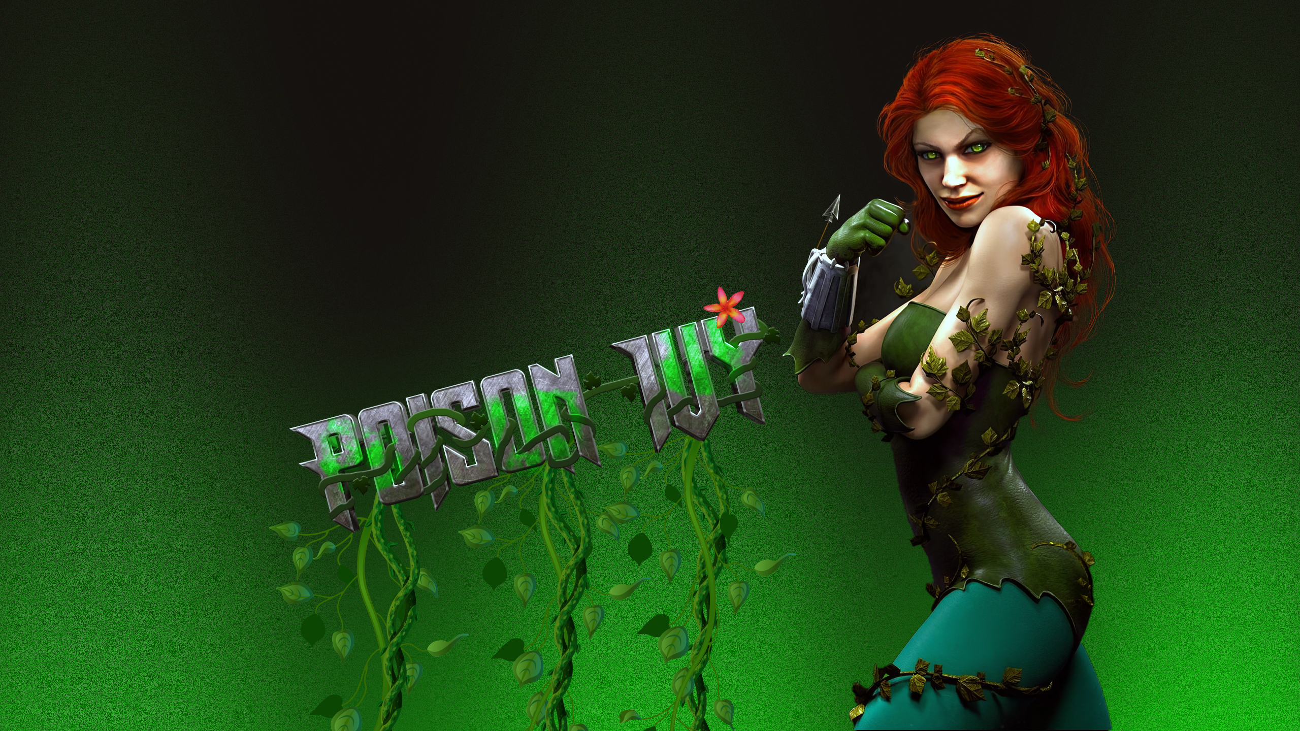 Poison Ivy Redhead Batman Digital Art Simple Background Text CGi 2560x1440