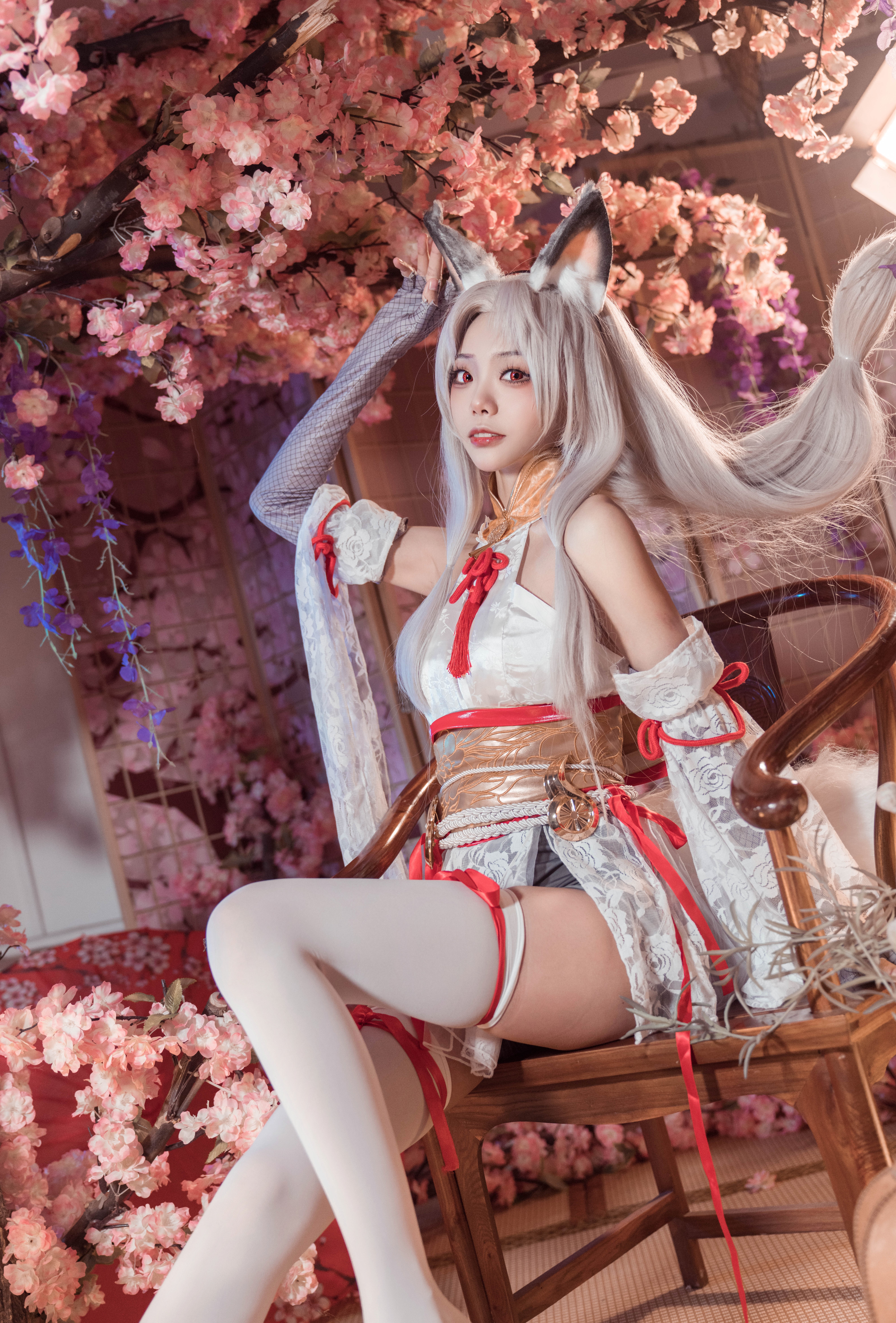 White Hair Fox Ears Cosplay Asian Red Eyes Aegyo Sal Blushing Thigh Highs Cherry Trees Parted Lips L 6336x9347