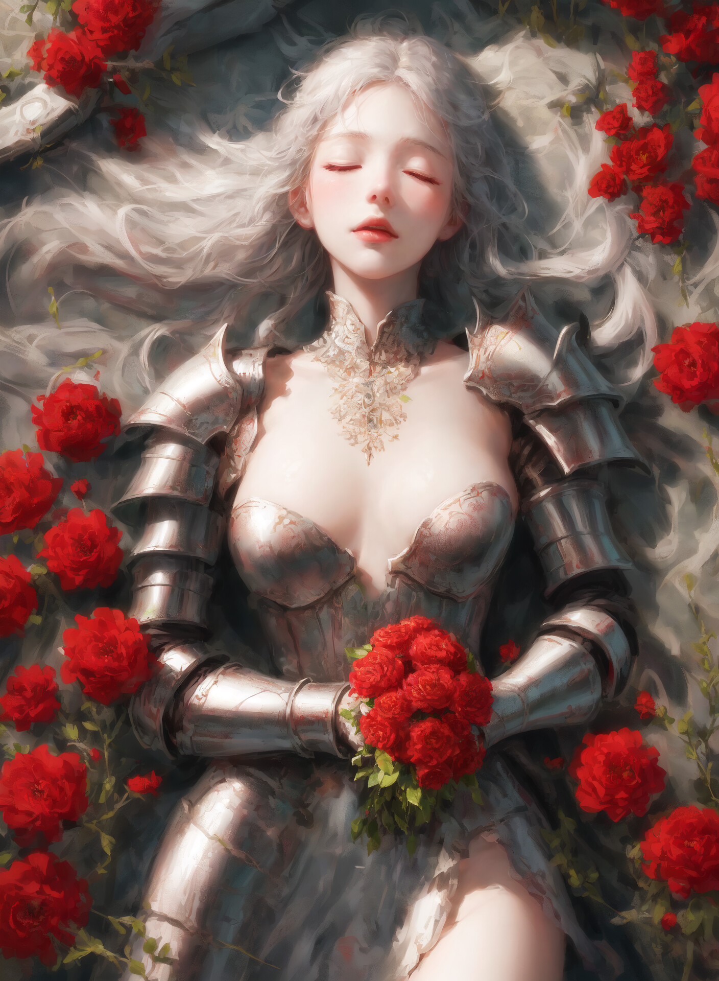 Digital Art Artwork Illustration Women Lying Down Blonde Sleeping Rose Flowers Armor Closed Eyes Lon 1408x1920