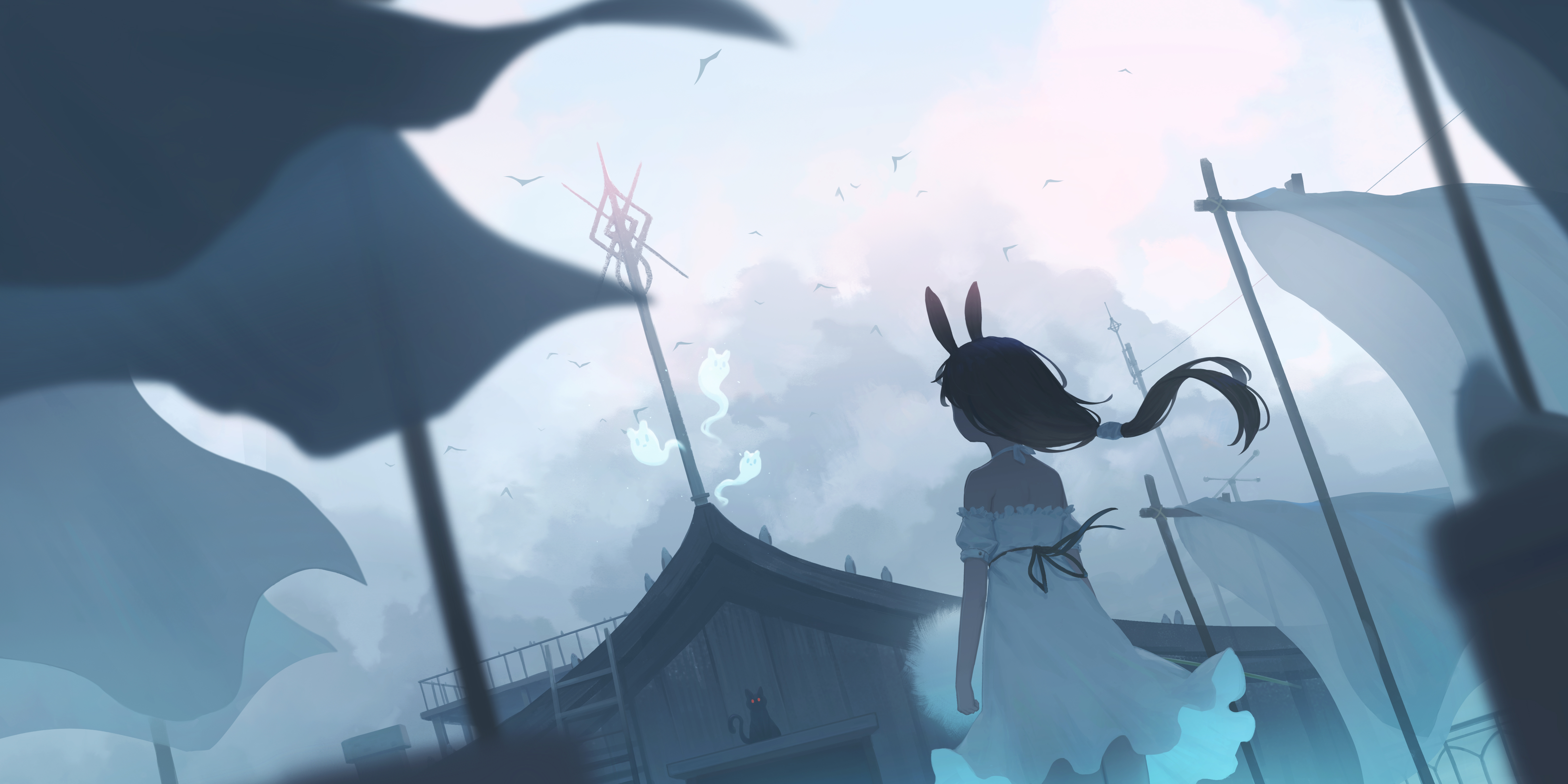 Anime Anime Girls Bunny Girl Bunny Ears Long Hair Standing Looking Into The Distance Sky Clouds Dres 6000x3000