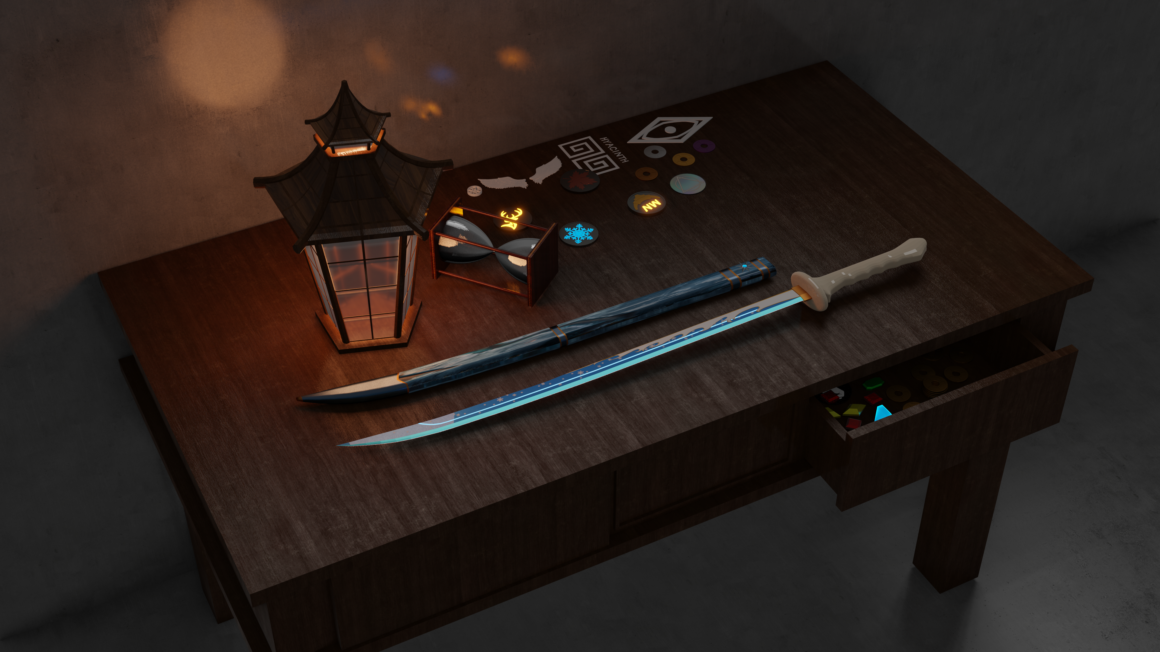 Blender Weapon Sword Sheath CGi Digital Art Minimalism Table Hourglasses Lamp 3840x2160