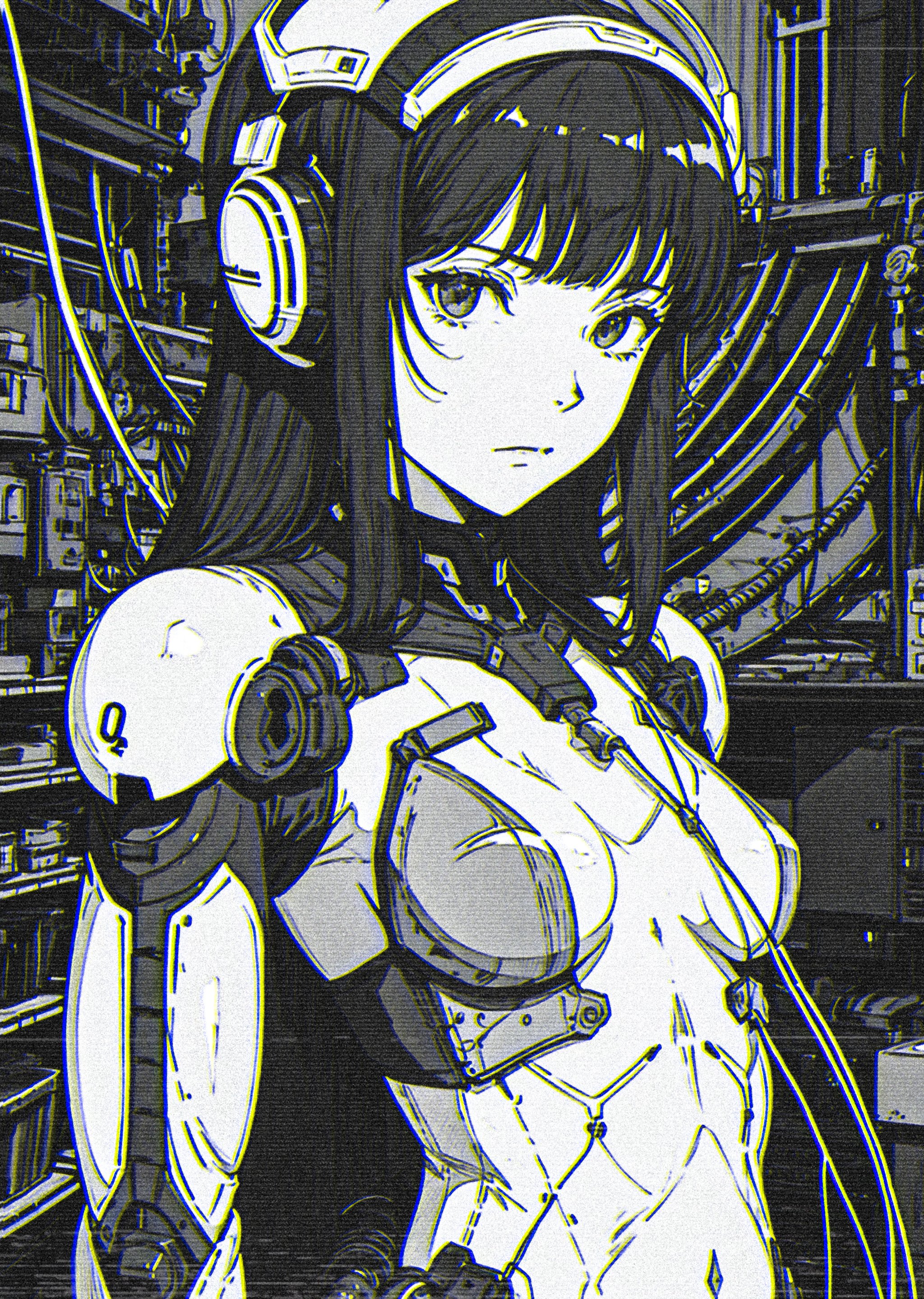 Xenotrip Anime Girls Looking At Viewer Cyberpunk Monochrome Long Hair Cyborg Manga Portrait Portrait 2048x2880