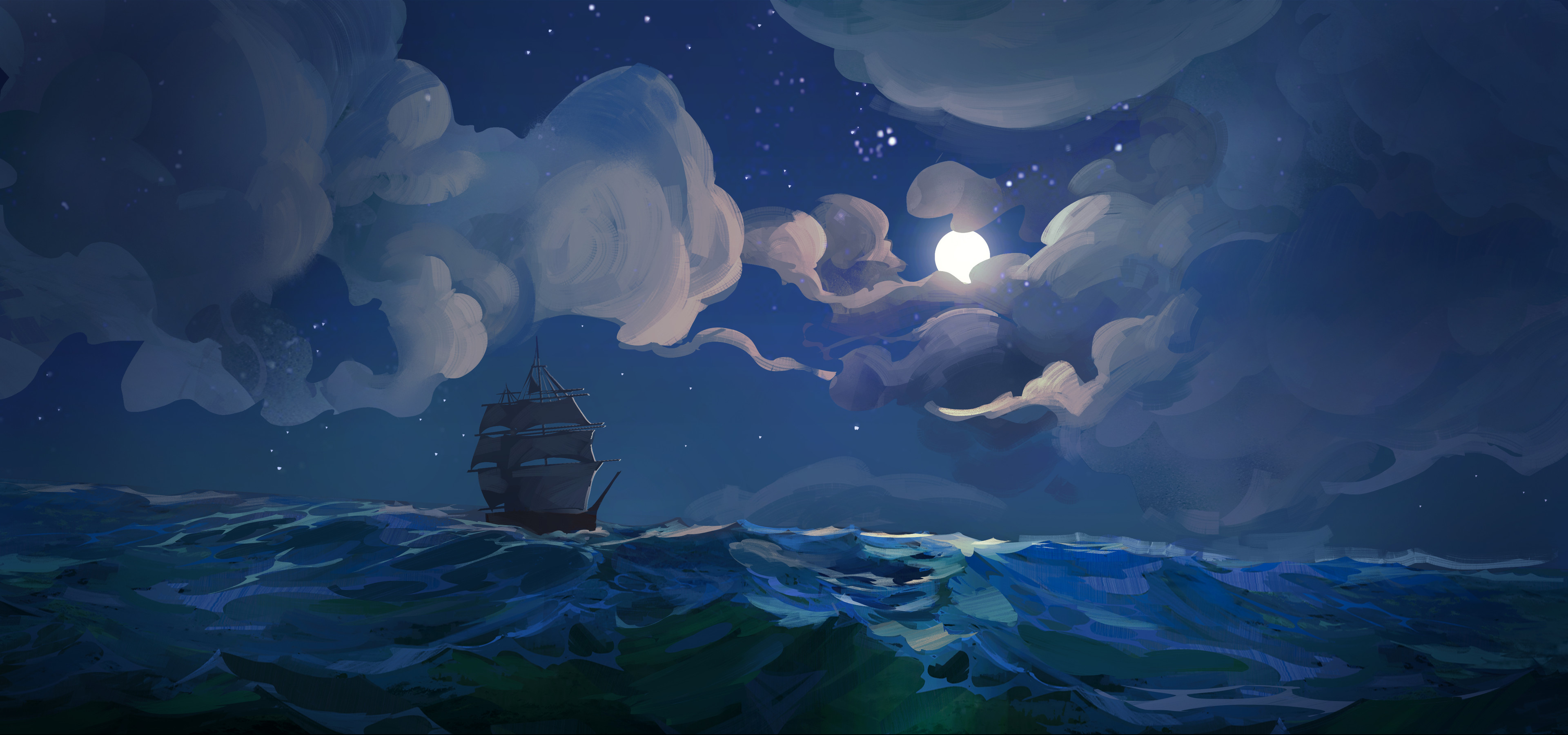 Hue Teo Digital Art Artwork Illustration Sea Night Boat Clouds Moon Sky 3840x1800