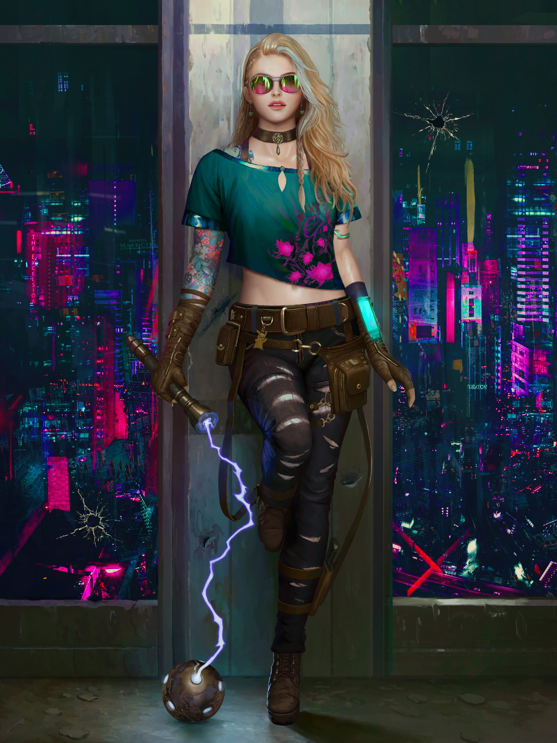 Mario Wibisono Drawing Cyberpunk Women Blonde Lightning Portrait Display Sunglasses Tattoo Looking A 1920x2560