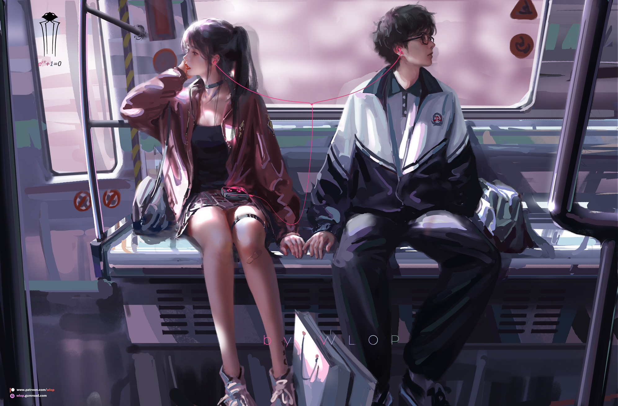 WLOP Digital Art Artwork Illustration Couple Subway Women Looking At The Side Ear Buds Glasses 1992x1308