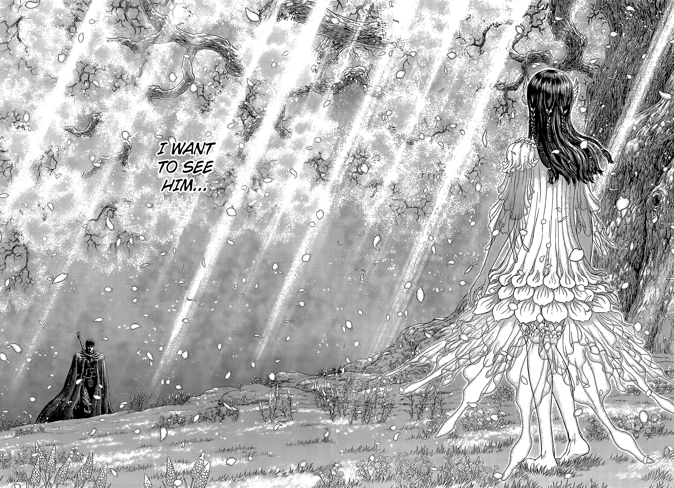 Berserk Guts Casca Anime Men Anime Girls Sunlight Monochrome Manga Petals Grass Cape Flowers 2210x1600
