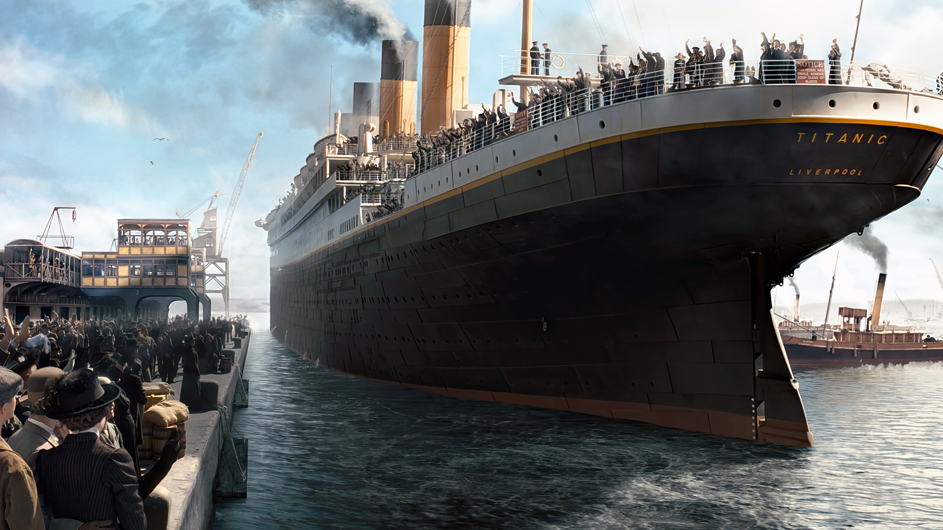 Titanic Movies Film Stills James Cameron Ship People Water Berth Harbor Crowd Cranes Machine Southam 1920x1080