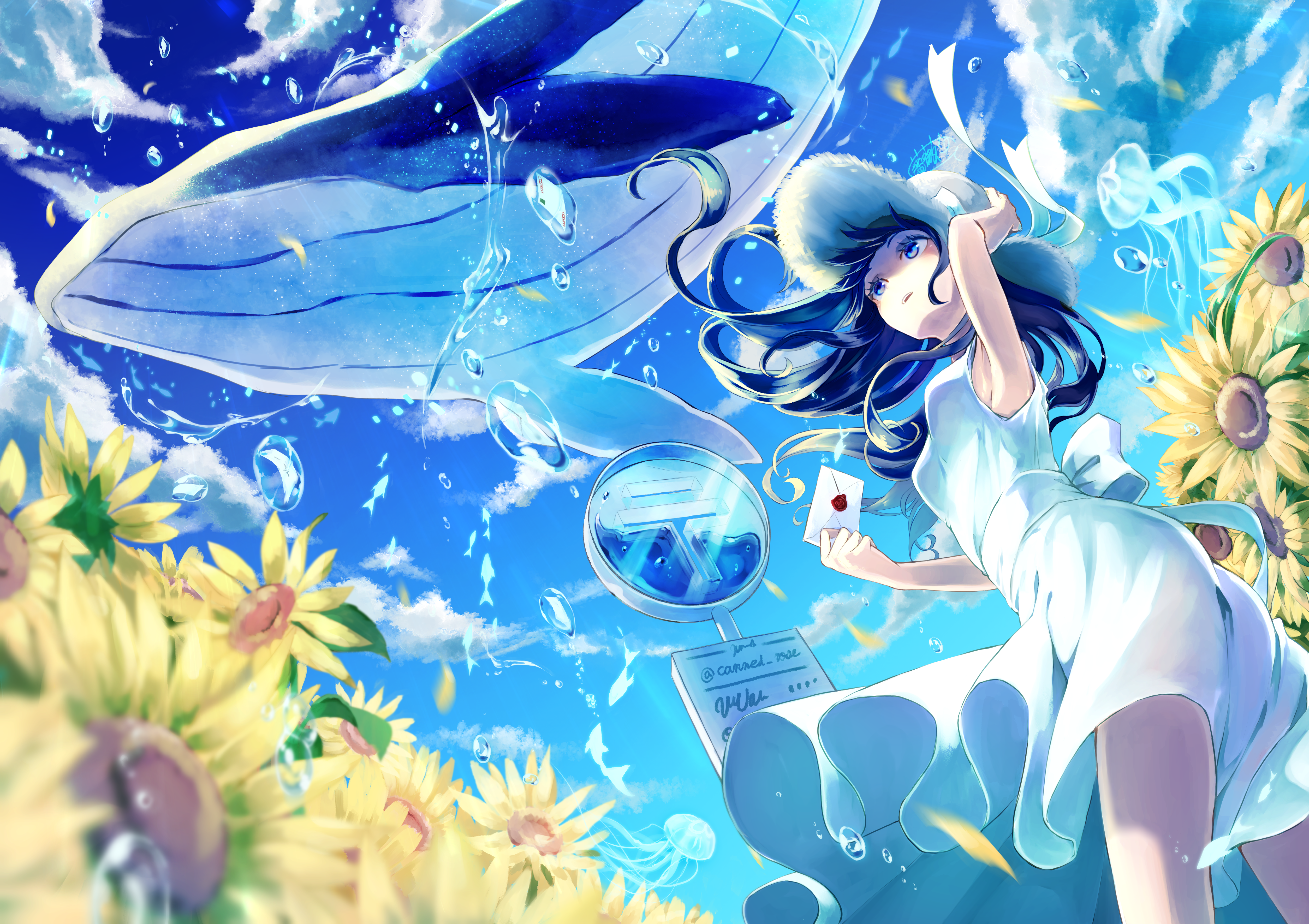 Anime Girls Anime Looking Up Whale Flying Whales Clouds Sky Wind Dress Sunflowers Long Hair Letter W 5016x3541