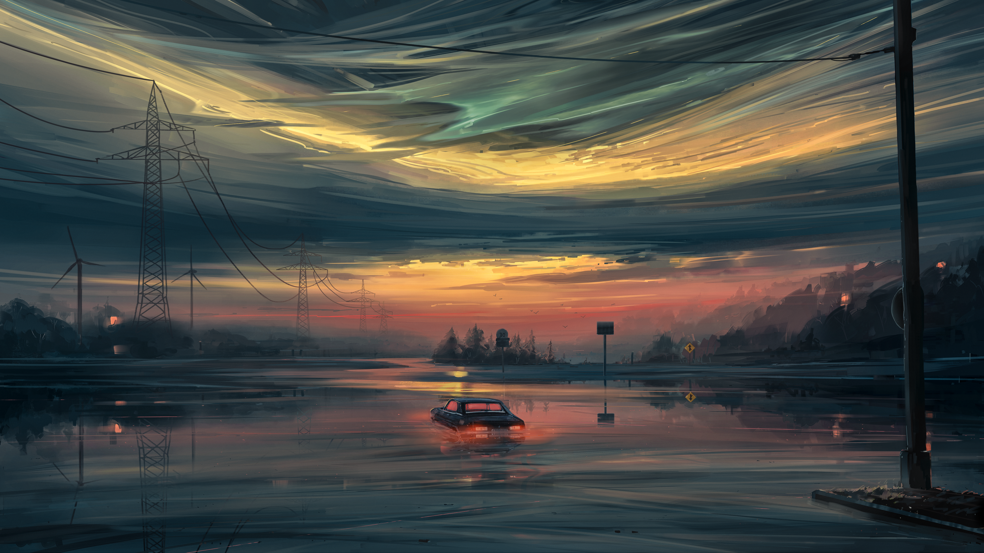 Aenami Digital Art Artwork Illustration Landscape Nature Sunset Vehicle Car Road Sign Reflection Clo 3840x2160
