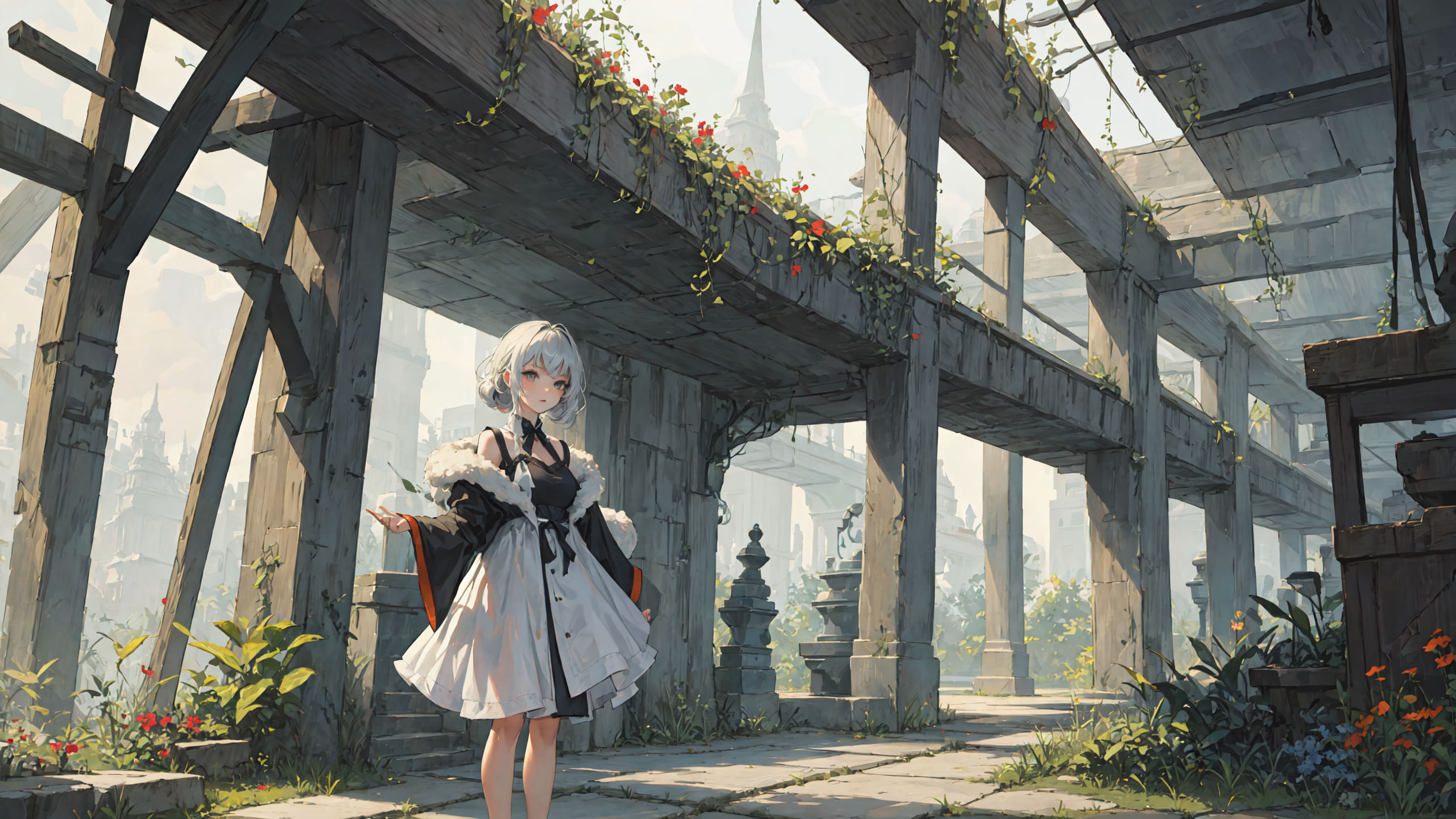 Ai Art Women Plants Flowers Leaves Twintails Short Hair Gray Hair Gray Eyes Fantasy Architecture Dre 2560x1440