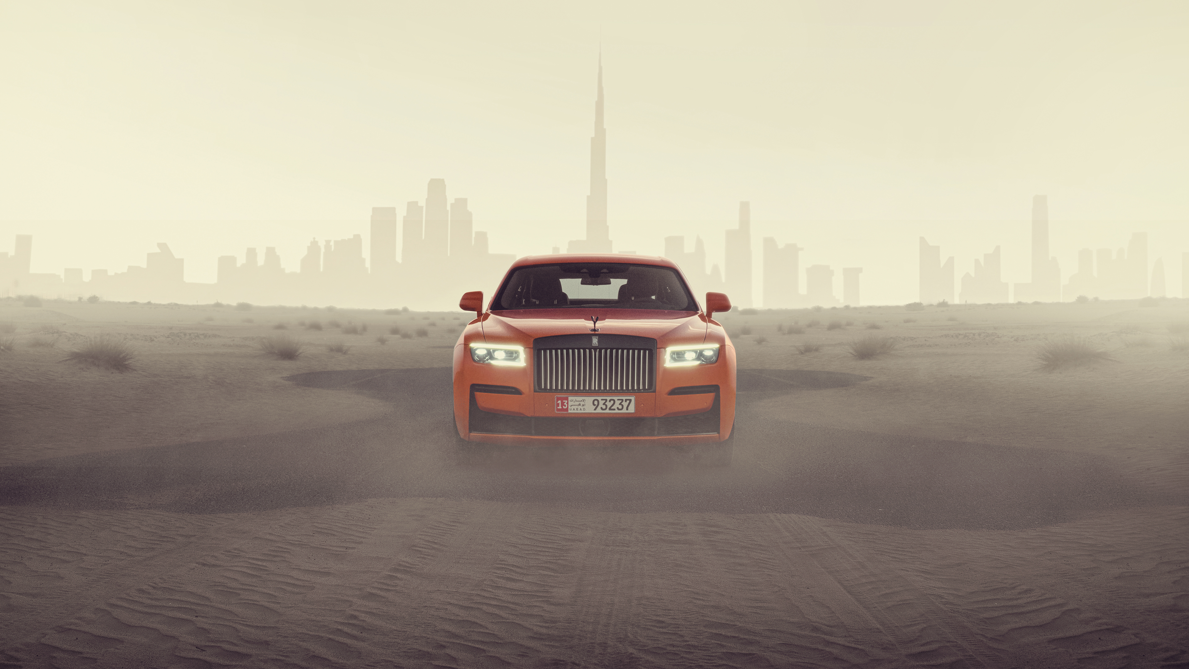 Rolls Royce Desert City Sand Car Simple Background Silhouette Minimalism Front Angle View Headlights 3840x2160