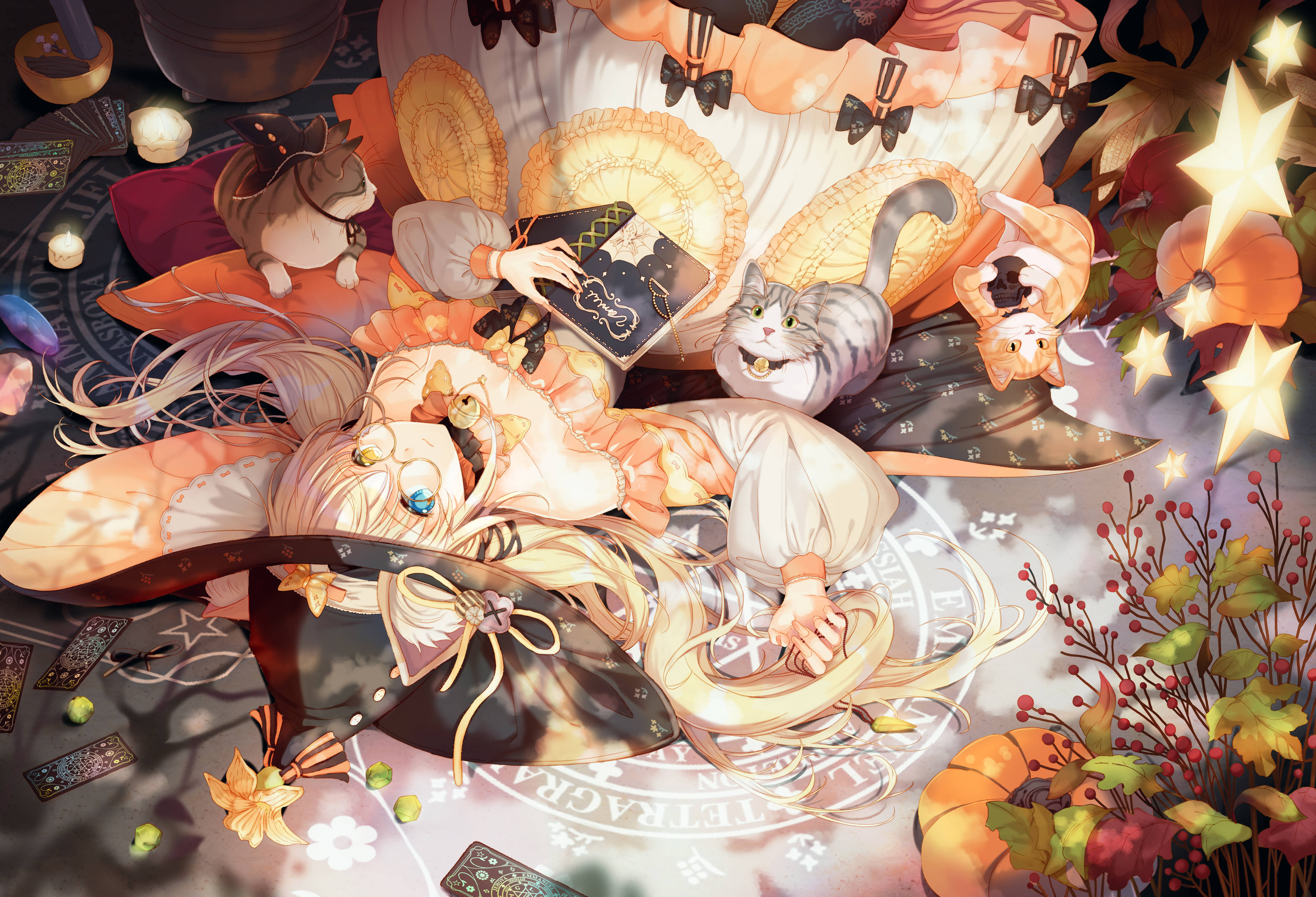 Anime Girls Witch Hat Lying Down Lying On Back Heterochromia Animals Cats Bare Shoulders Rednian Clo 4768x3252