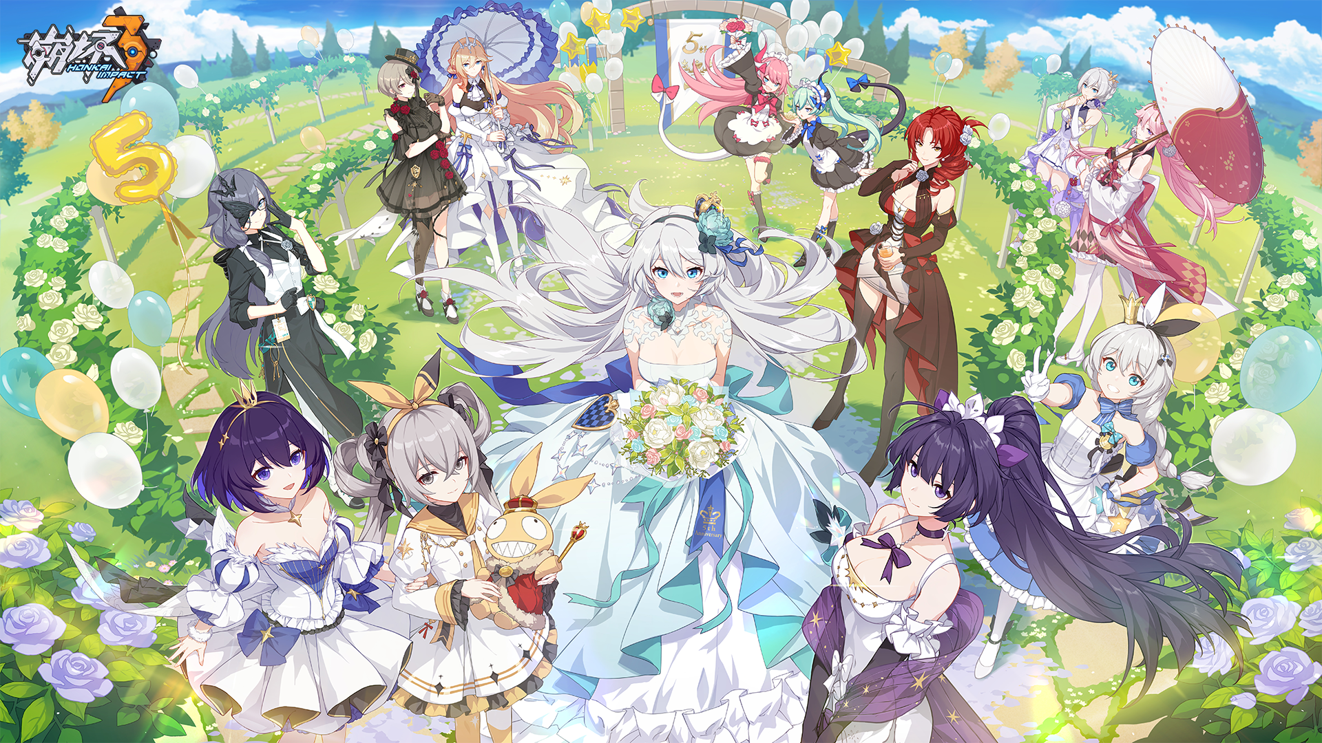 Honkai Impact Anime Games Dress Wedding Dress Flowers Balloon Grass Looking At Viewer Peace Sign Umb 1920x1080