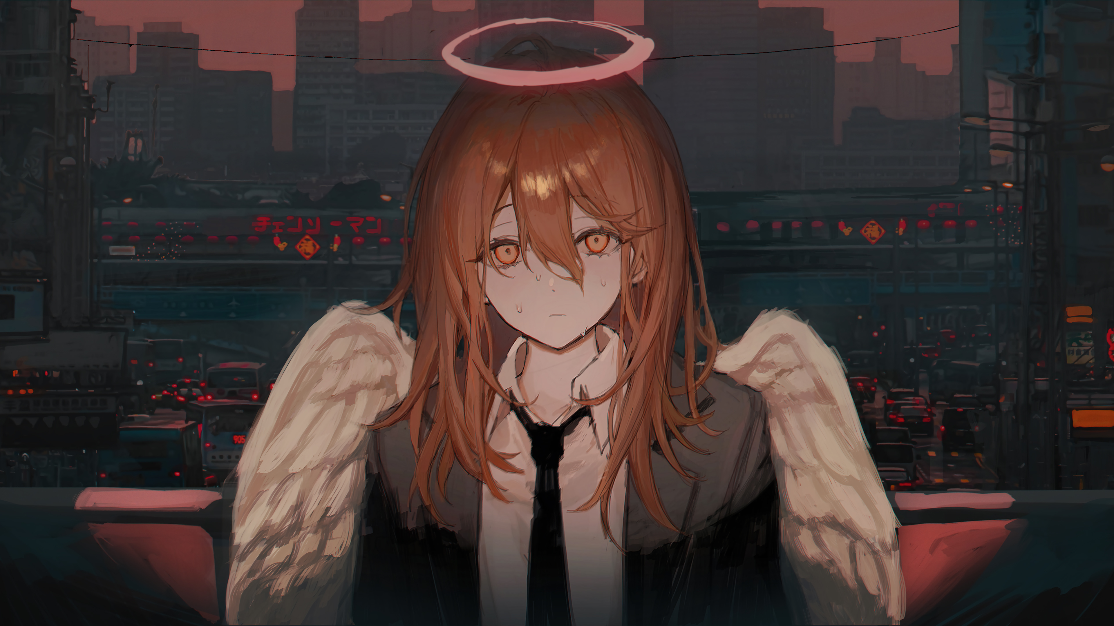 Chainsaw Man Angel Devil Redhead Nimbus Wings City Car Red Sky Sweating Looking At Viewer Anime Girl 3840x2160