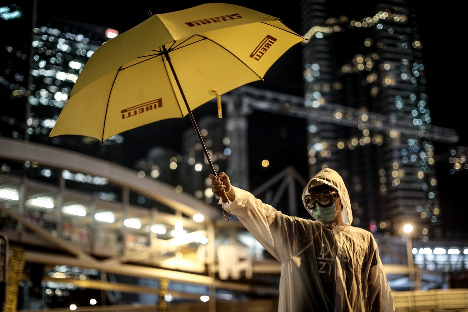 Umbrella Hong Kong Umbrella Movement Yellow Protestors Skyscraper Overalls Mask Glasses Bokeh Street 1500x1000