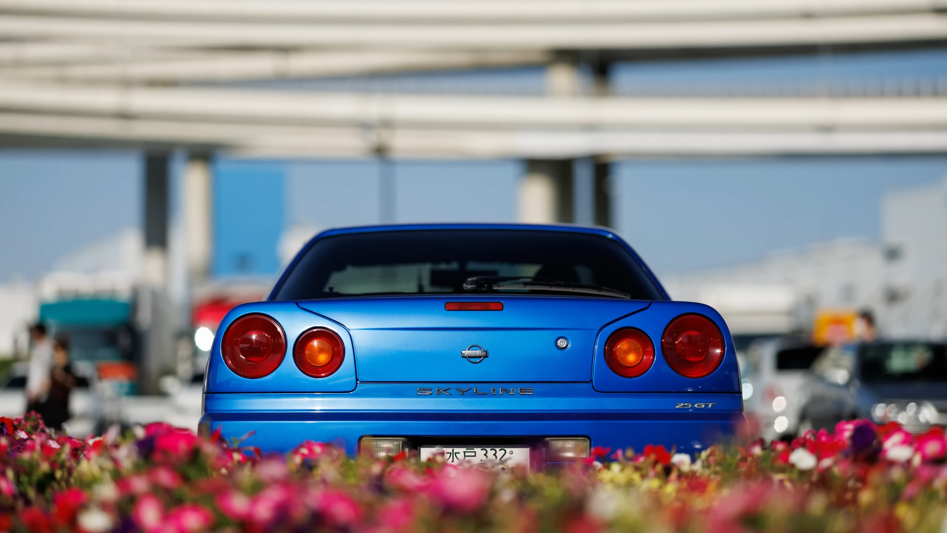Daikoku Japanese Cars Sports Car Nissan Skyline R34 Bayside Blue Blue Cars Flowers Larry Chen Car 1920x1080