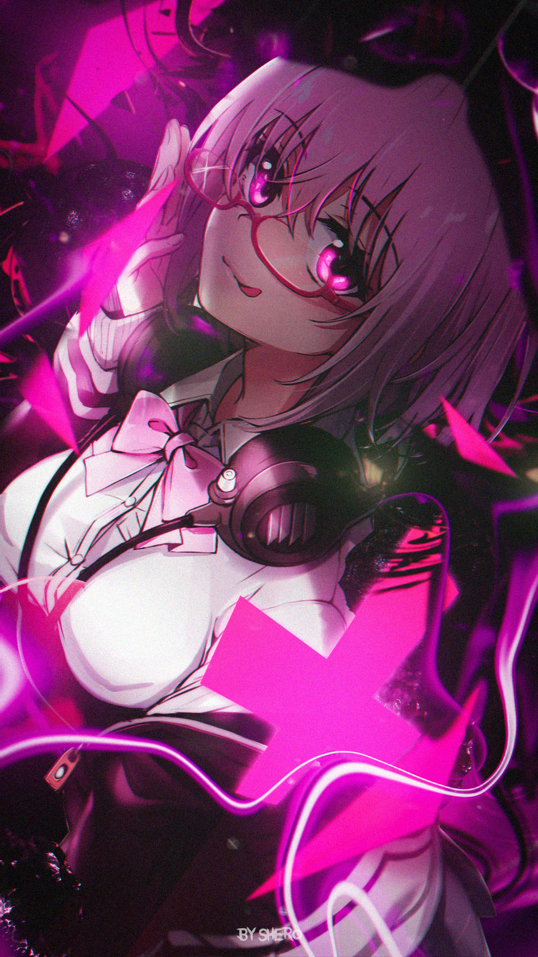 Fate Grand Order Anime Anime Girls Signature Vertical Glasses Tongue Out Headphones Bow Tie Looking  1080x1920