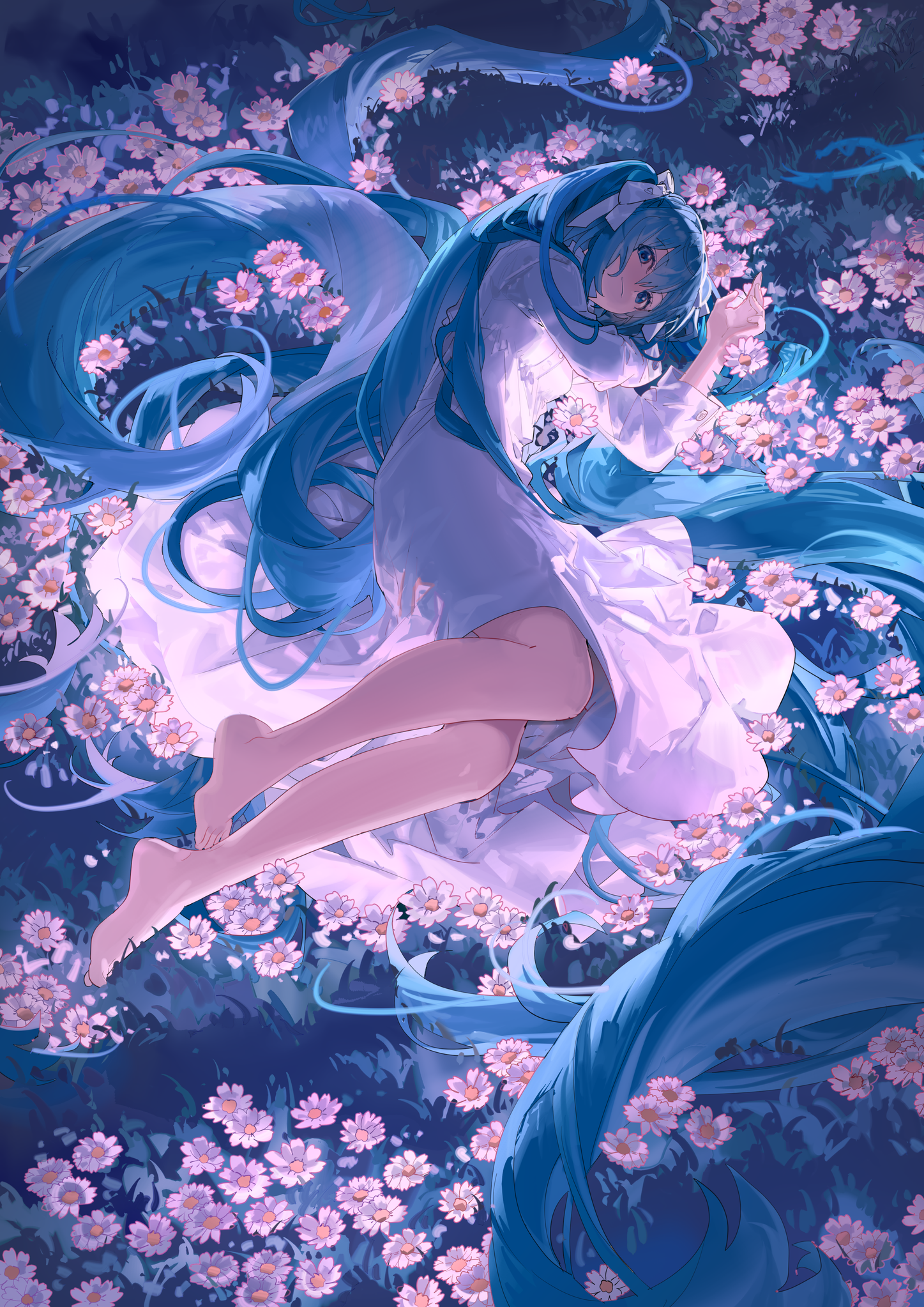 Anime Pixiv Anime Girls Vocaloid Hatsune Miku Flowers Lying On Side Blue Hair Portrait Display Blue  1447x2046