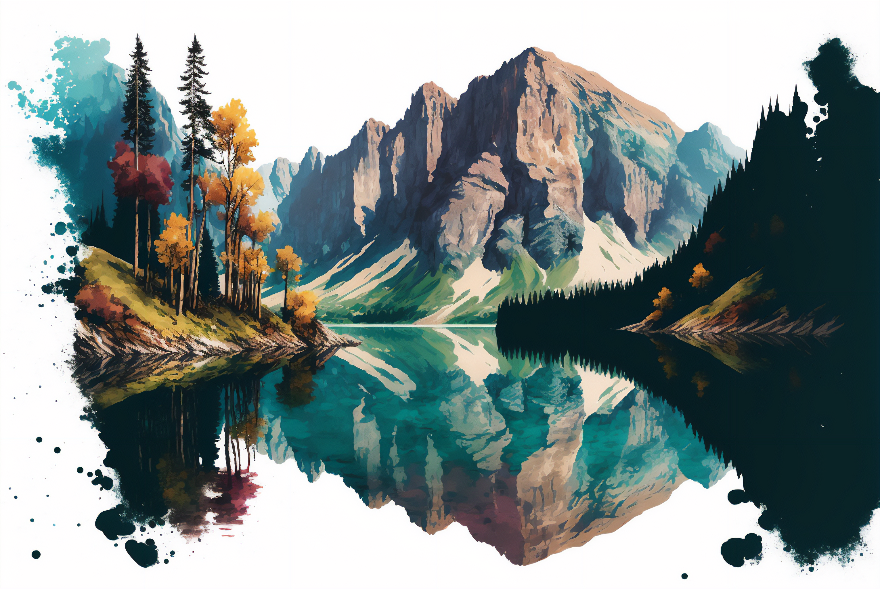 Ai Art Watercolor Style Mountains Lake Landscape Water Reflection Nature Trees 3060x2048