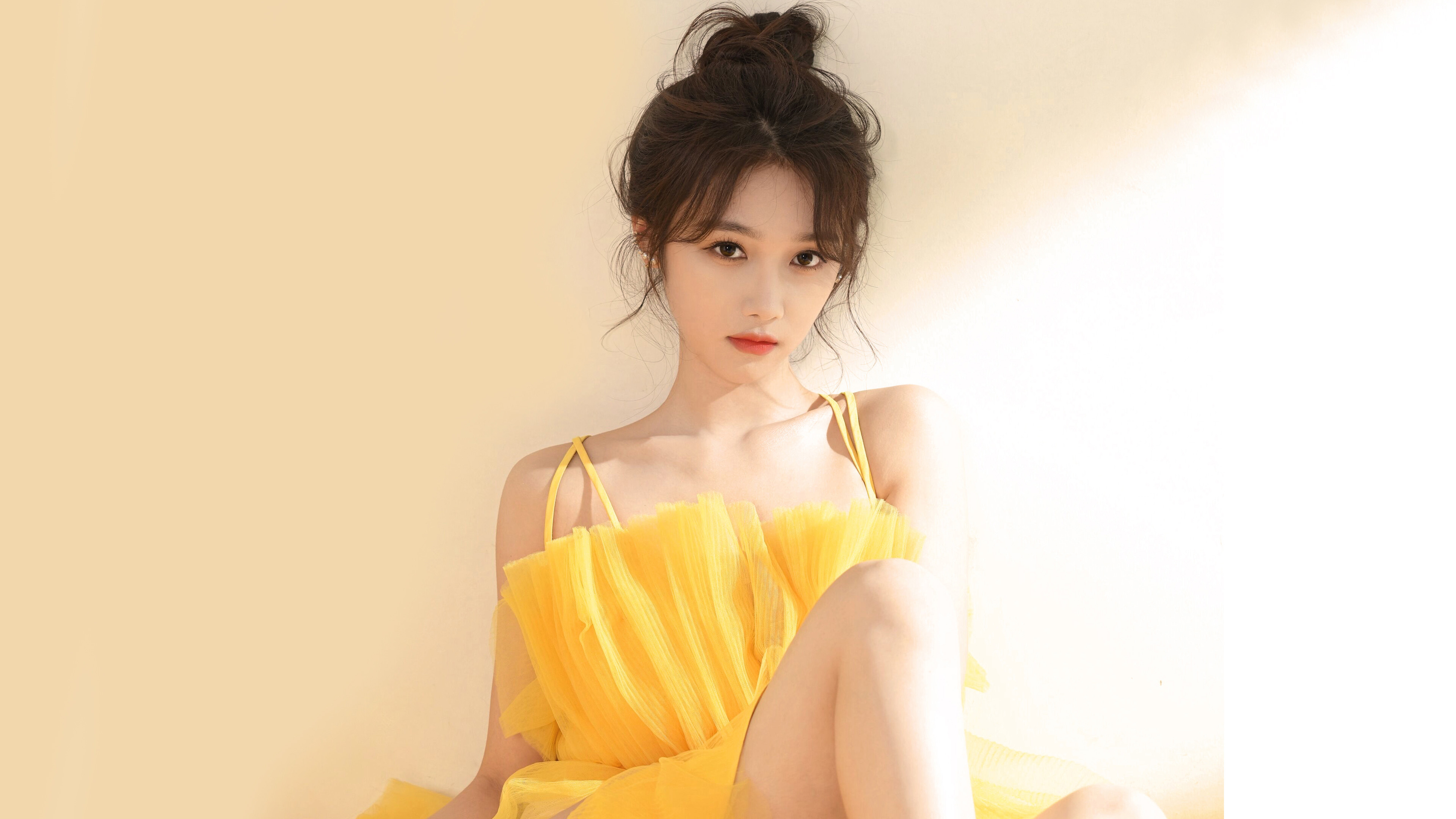 Model Asian Women Yellow Dress Leaning Hair Knot Simple Background Portrait 3840x2160