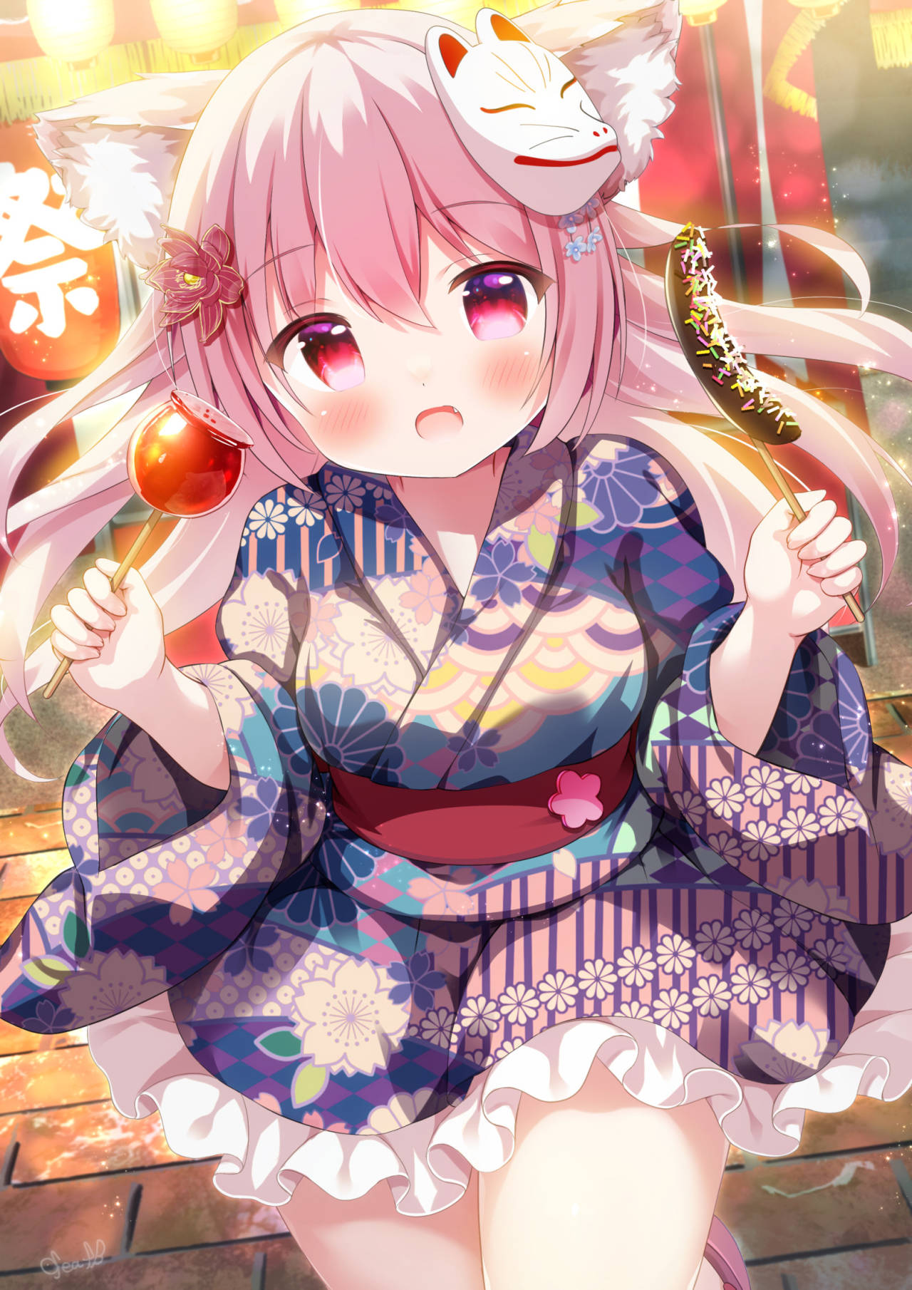 Anime Girls Blue Archive Blushing Long Hair Fox Mask Candy Apple Kimono Looking At Viewer Portrait D 1280x1810