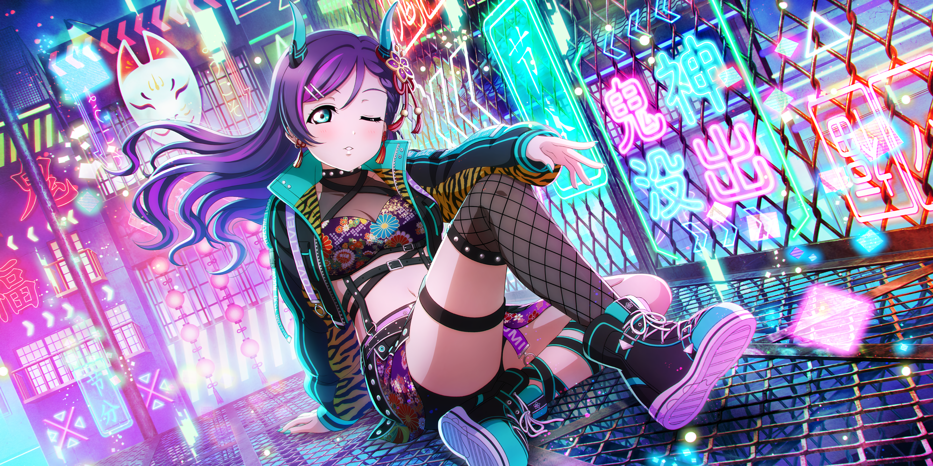 Toujou Nozomi Love Live One Eye Closed Neon Missing Stocking Aqua Eyes Purple Hair Anime Anime Girls 3600x1800