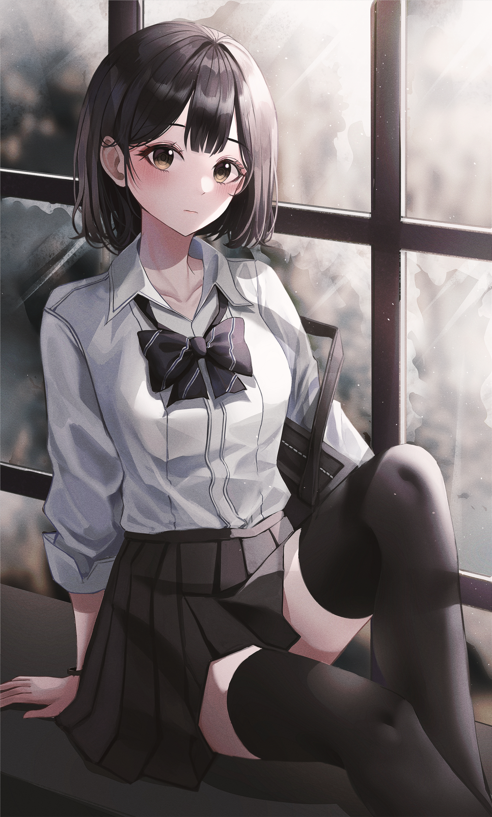 Fantasy Girl Anime Girls Black Hair By The Window Looking At Viewer White Shirt Necktie Black Skirts 1588x2639