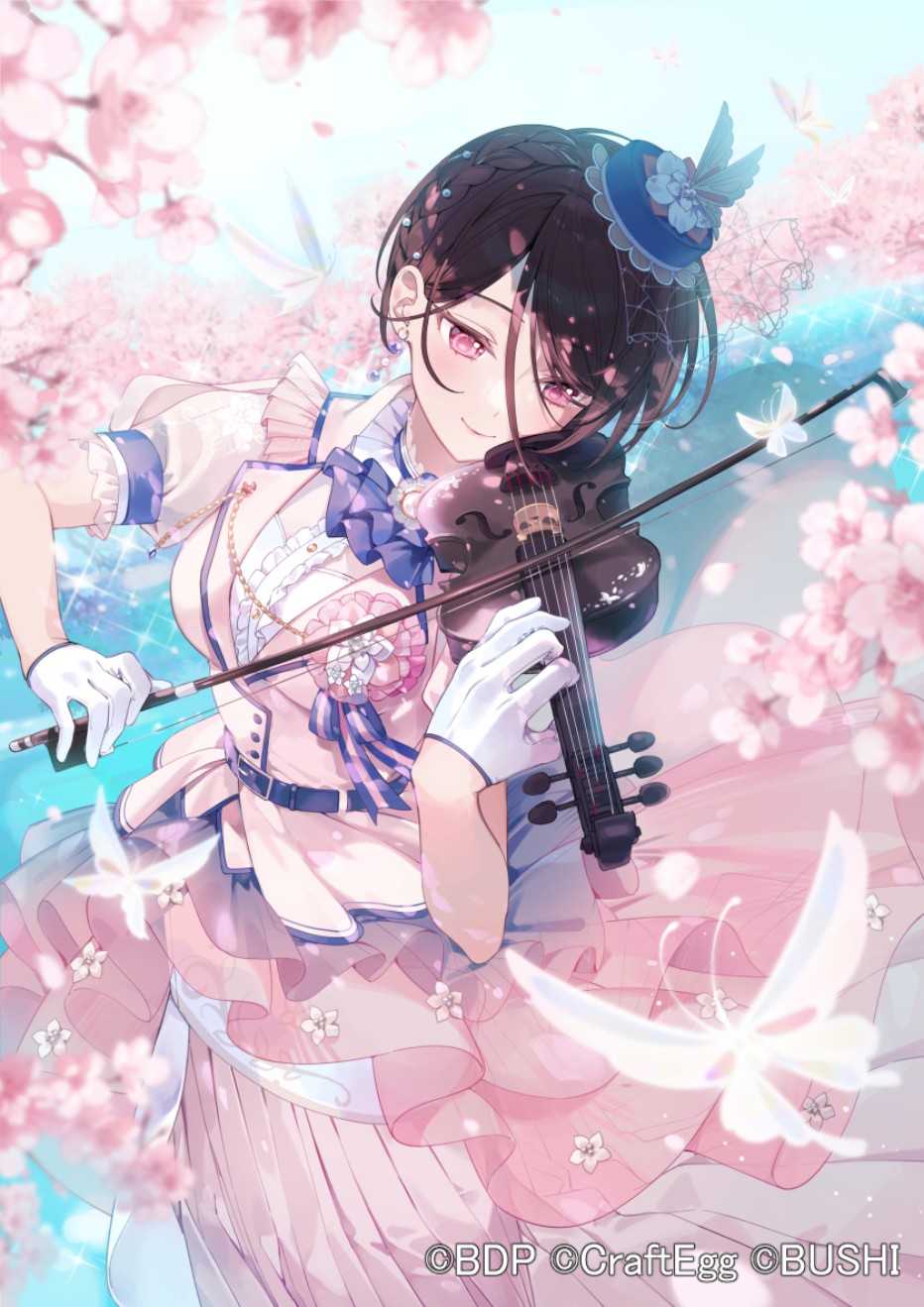Pixiv Anime Petals Flowers Cherry Blossom Musical Instrument Hat Violin Portrait Display Pink Dress  932x1319