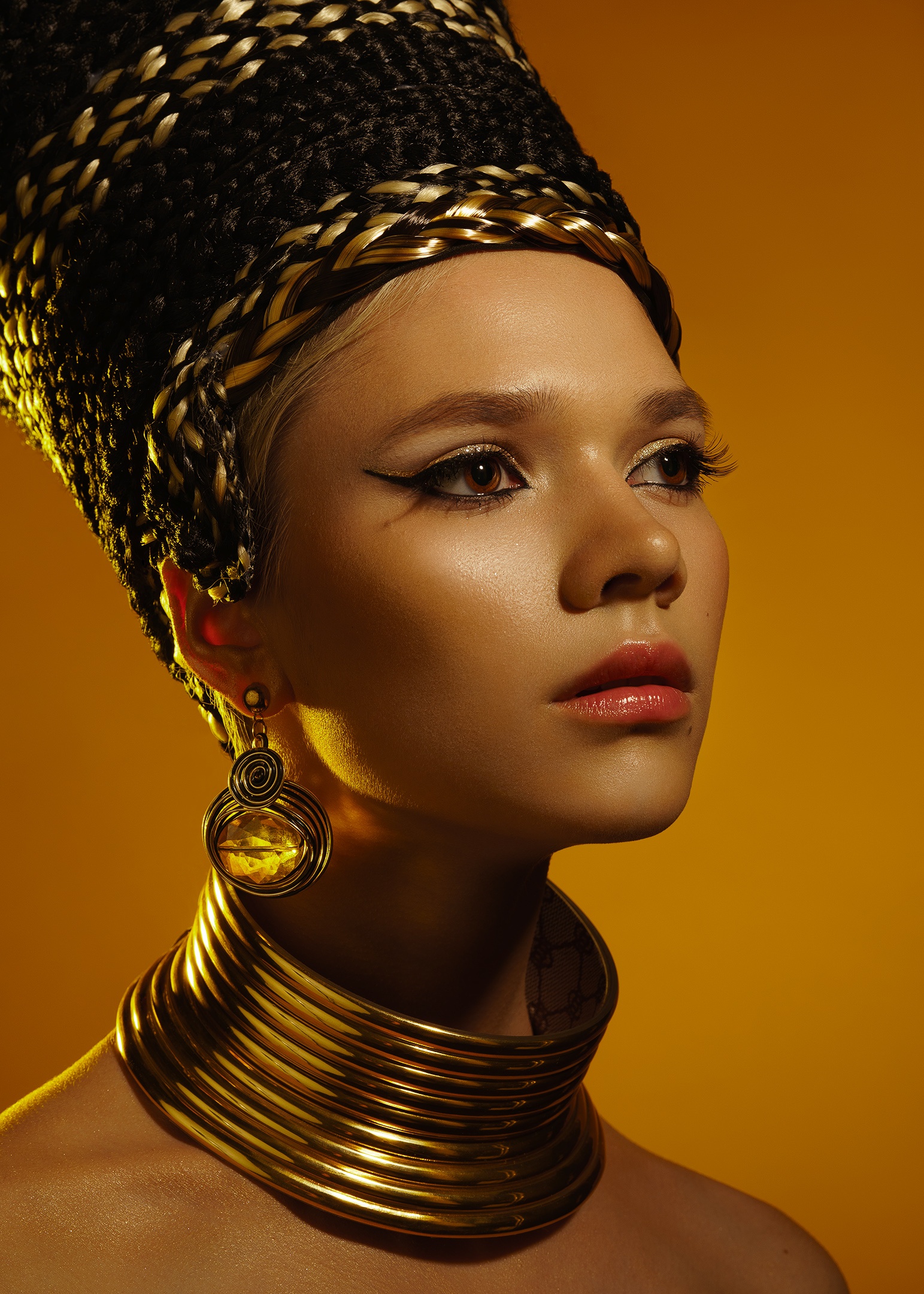Alexander Dyachenko Women Nika Kit Dark Hair Braids Makeup Eyeliner Jewelry Gold Lipstick Brown Eyes 1543x2160