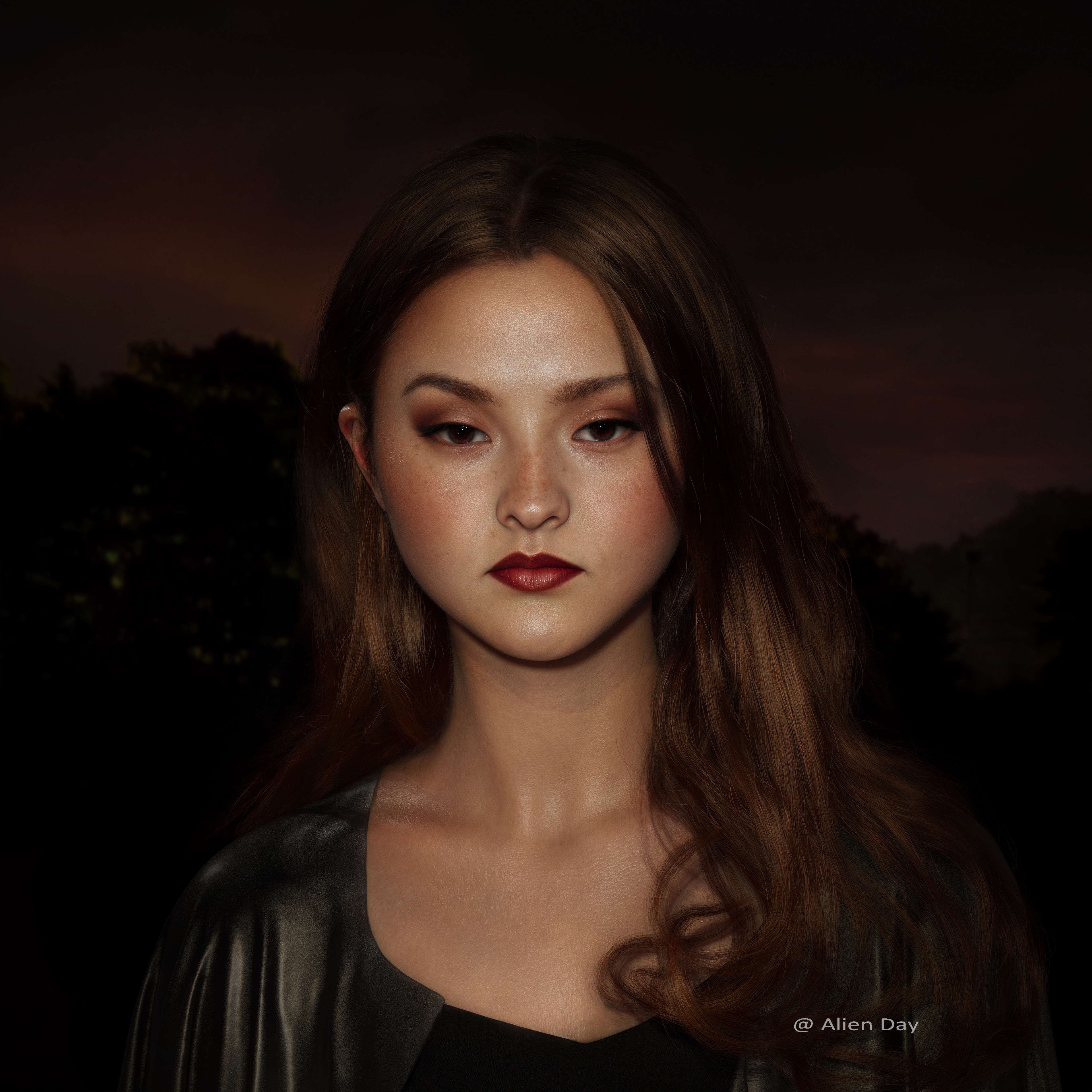 Digital Art Face Portrait ArtStation Celebrity Long Hair Red Lipstick Watermarked 3840x3840