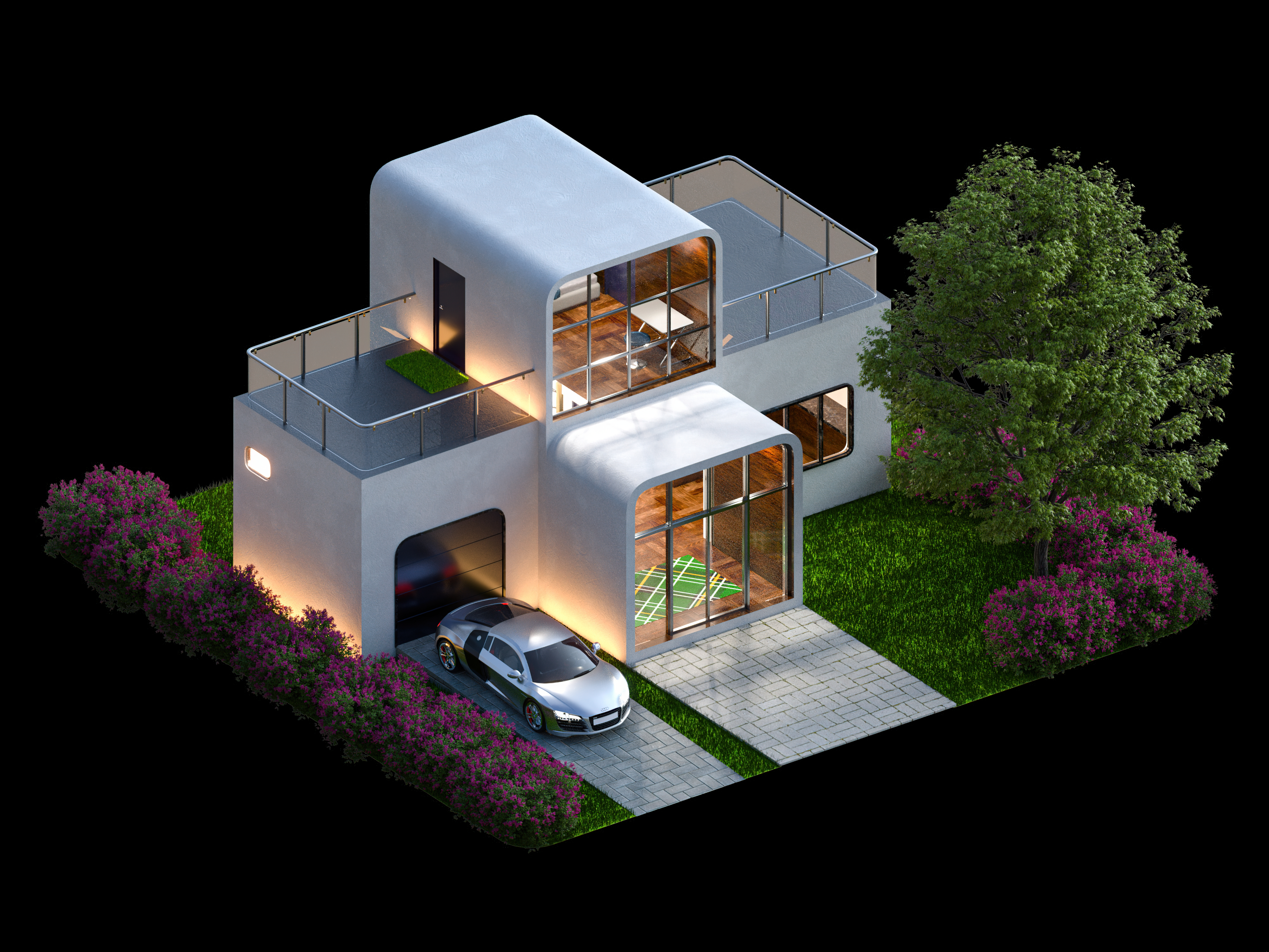 Isometric Architecture CGi Digital Art Modern House Exterior Mini Home Renderfem Car 5333x4000