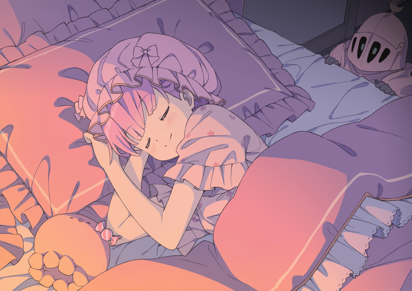 Anime Anime Girls Closed Eyes Smiling Lying Down Lying On Side Pillow Bed Sleeping Candy Pyjamas Bow 1351x955