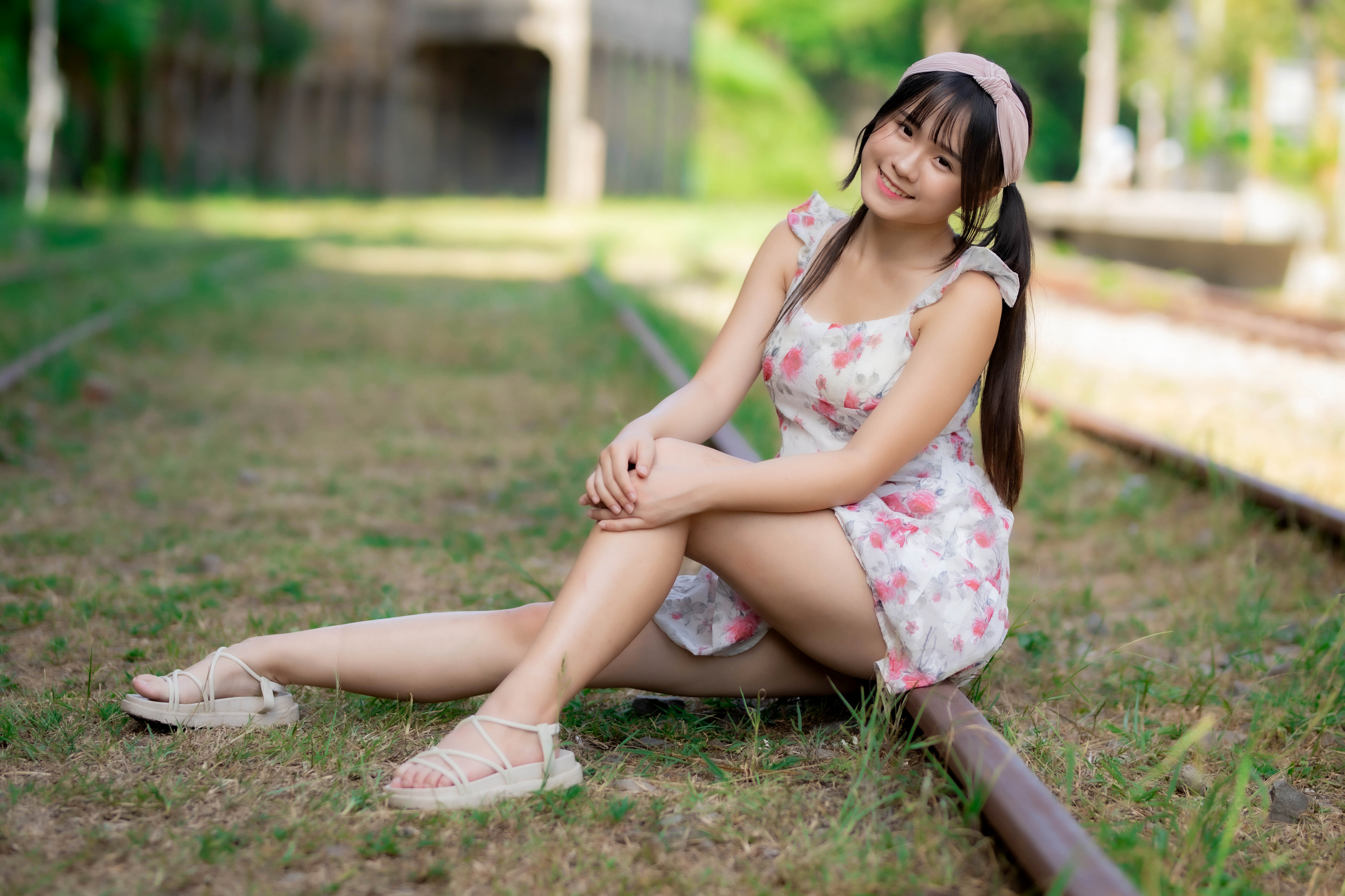 Asian Model Women Long Hair Dark Hair Sitting Barefoot Sandal Hairband Twintails Flower Dress Railwa 3840x2560