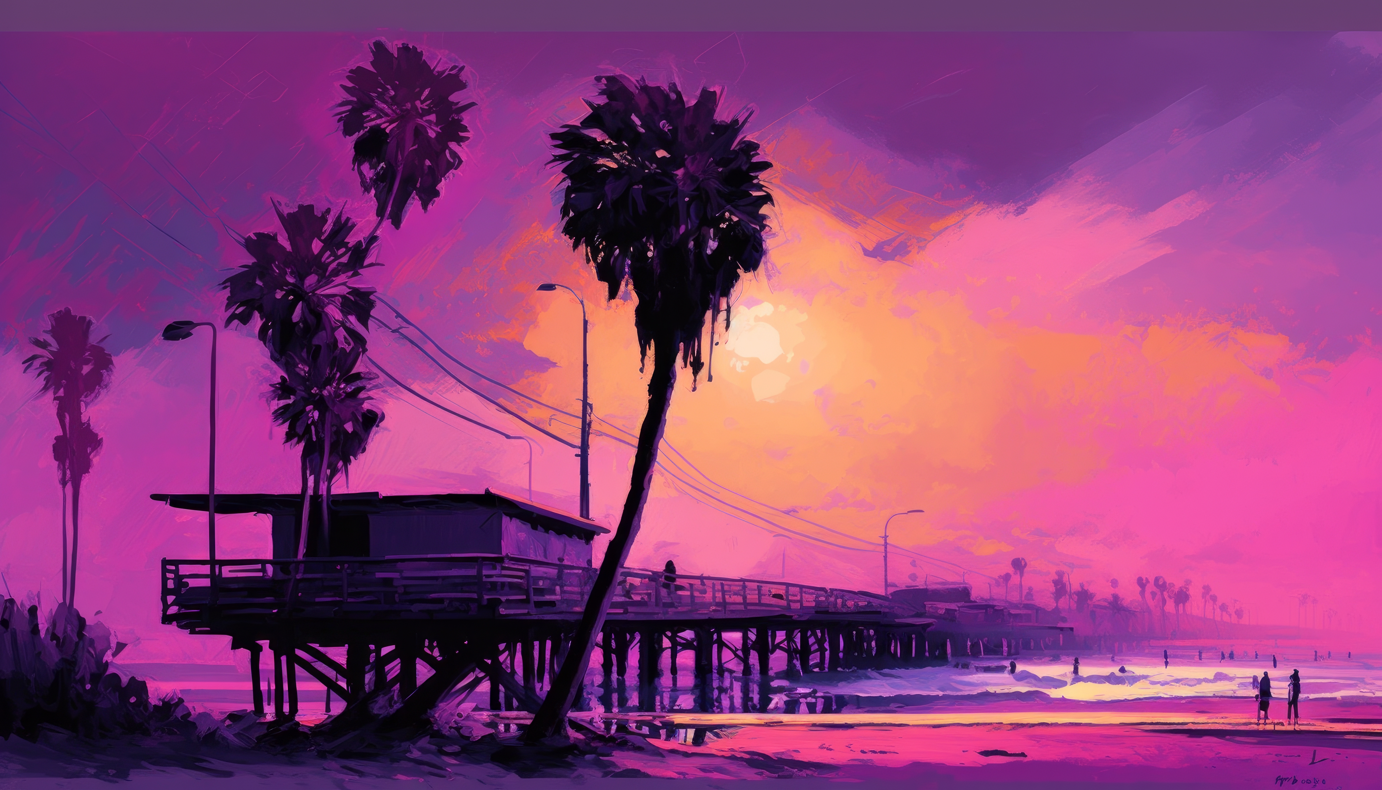 Ai Art Illustration Venice Beach Sunset Painting Palm Trees Water Watermarked Digital Art 4579x2616