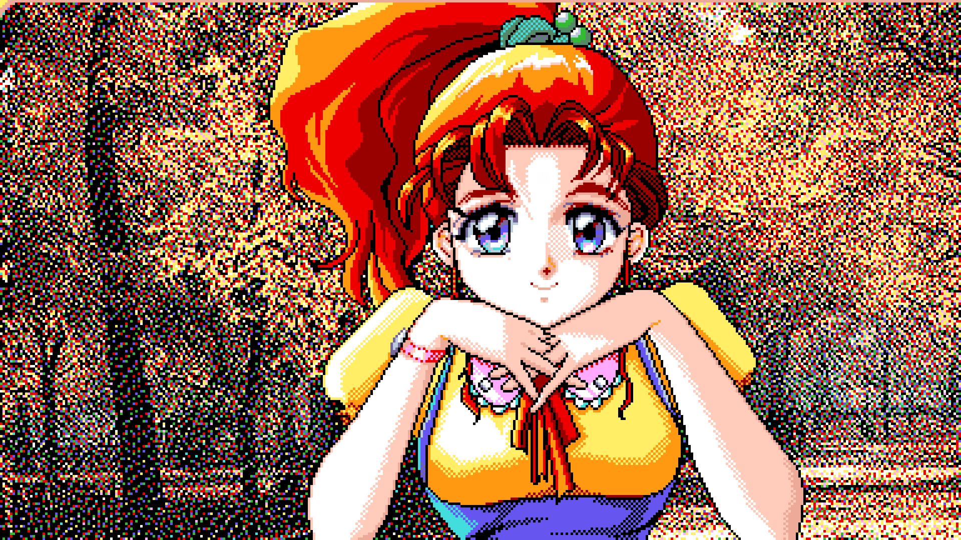 PC 98 Pixel Art Game CG Digital Art Anime Anime Girls Smiling Looking At Viewer Hand On Face Redhead 1920x1080