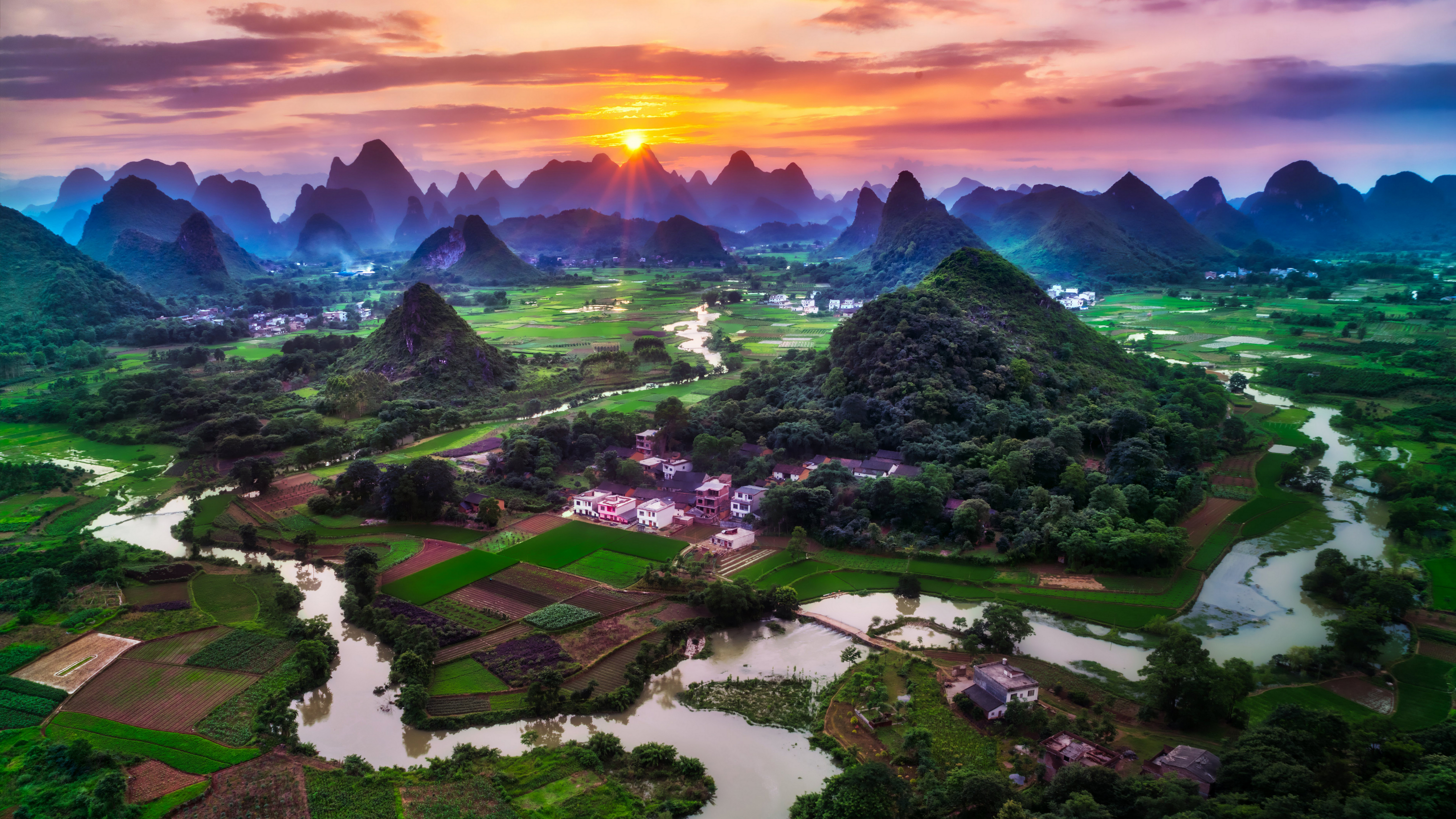 Photography Trey Ratcliff China Landscape Cityscape Mountains Field House Water River Guilin Nature 7680x4320