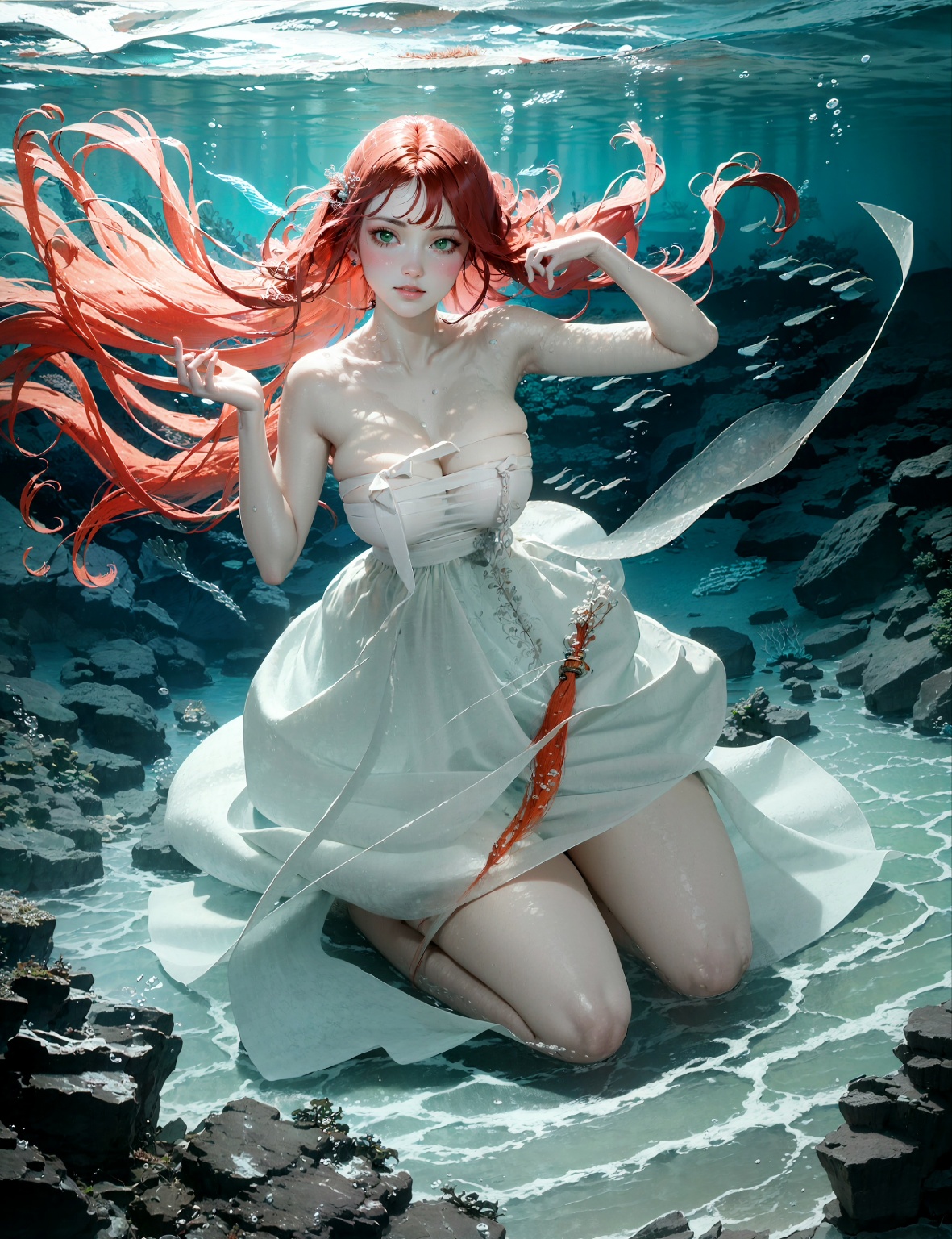 Ai Art Digital Art Artwork Illustration Women White Dress Redhead Long Hair  Neckline Vertical Underw Wallpaper - Resolution:1181x1536 - ID:1372002 -  