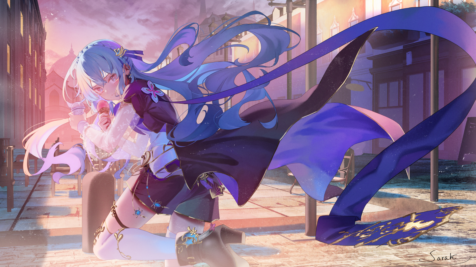 Anime Pixiv Anime Girls Long Hair Looking At Viewer Sunset Sunset Glow Heels Building Ice Cream Blue 1920x1080