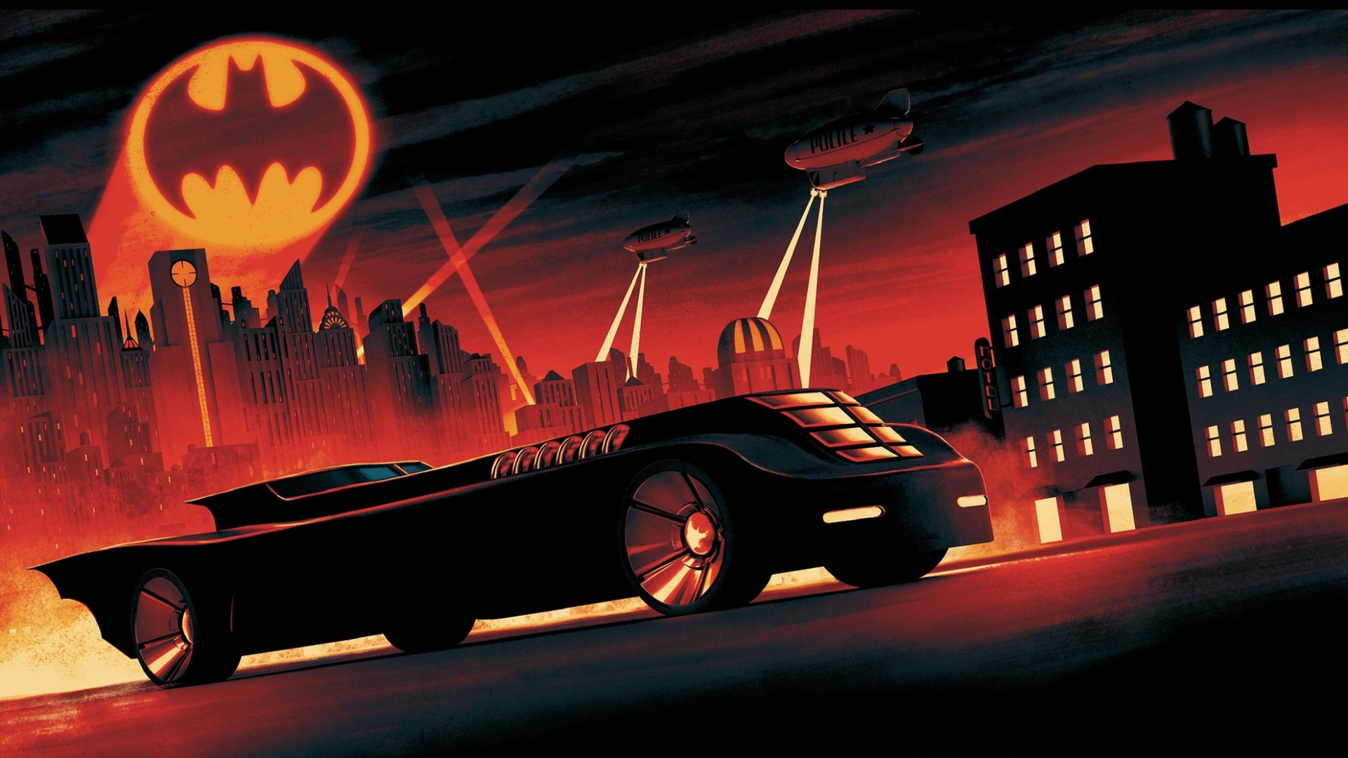 Batman Batmobile Gotham City Batman Logo Vehicle City Lights Building Superhero 1920x1080