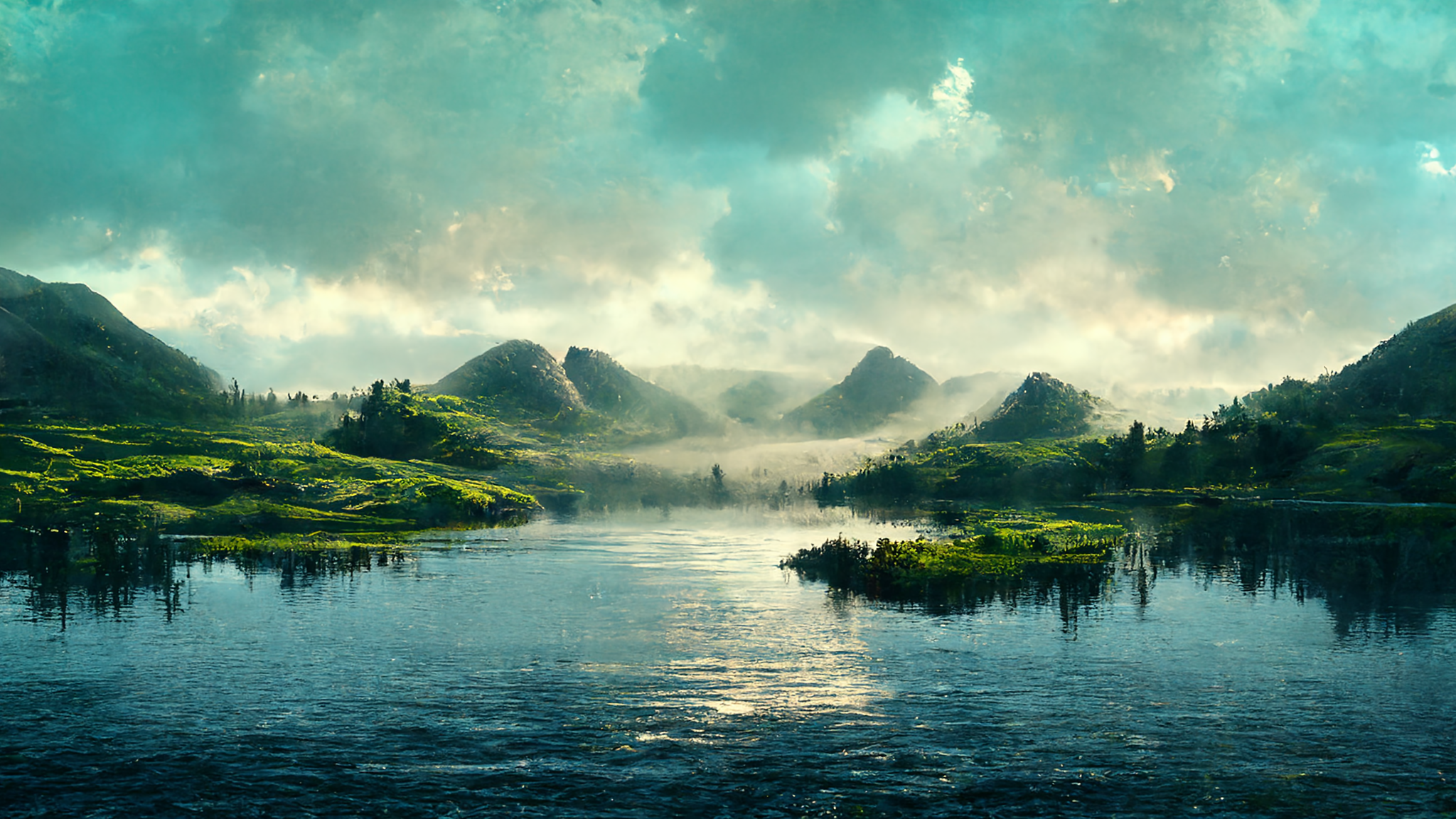 Lake Peaceful Water Blue Green Mountains Landscape Field Clouds Smog Mist Grass Hills 2048x1152