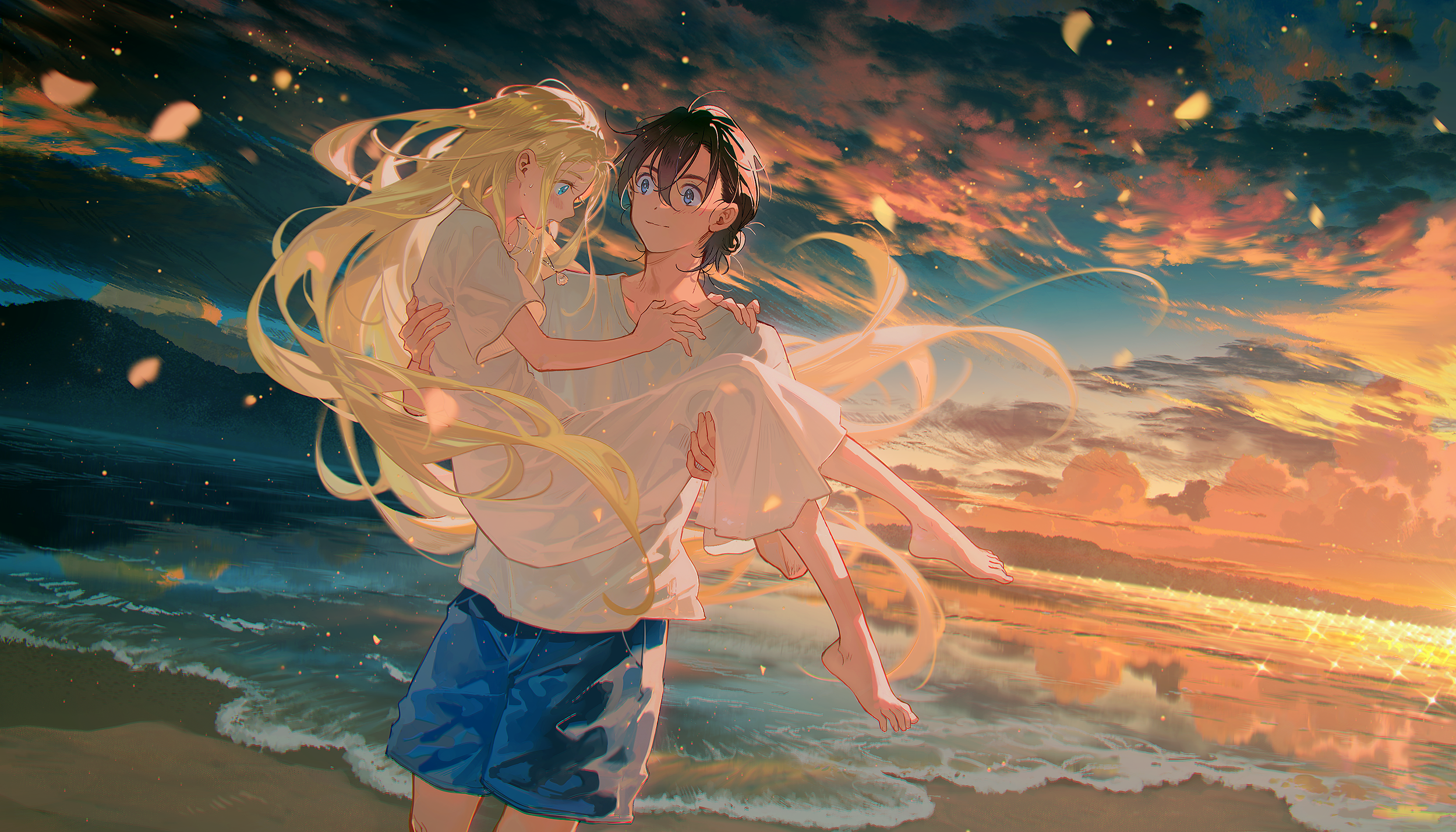SummerTime Render Anime Anime Girls Anime Boys Anime Sky Ushio Kofune Shinpei Ajiro Sea Beach Sunset 2500x1429