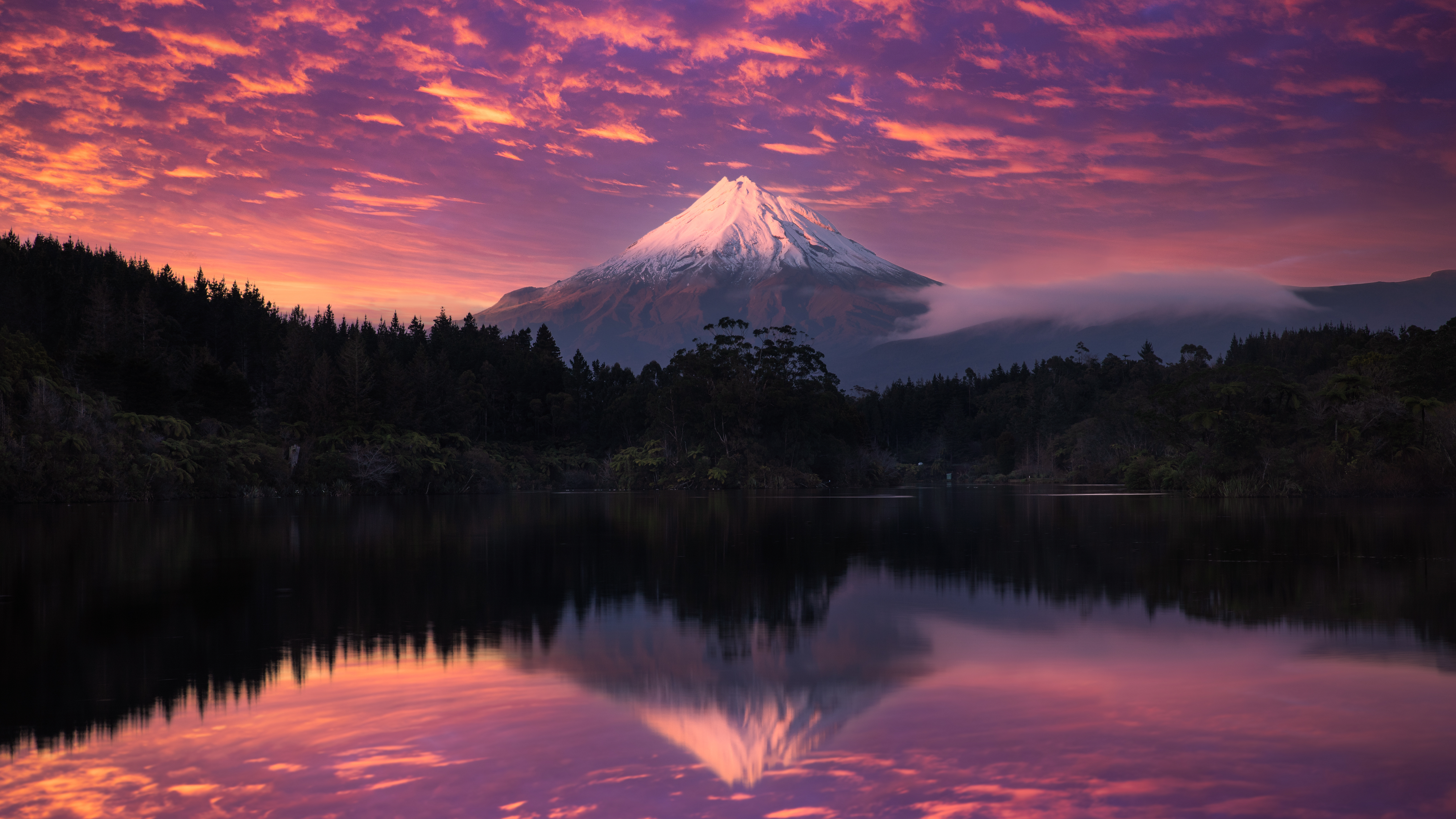 Landscape Nature Photography Mountains Sky Reflection Mount Taranaki New Zealand Peak Sunset Forest  5120x2880