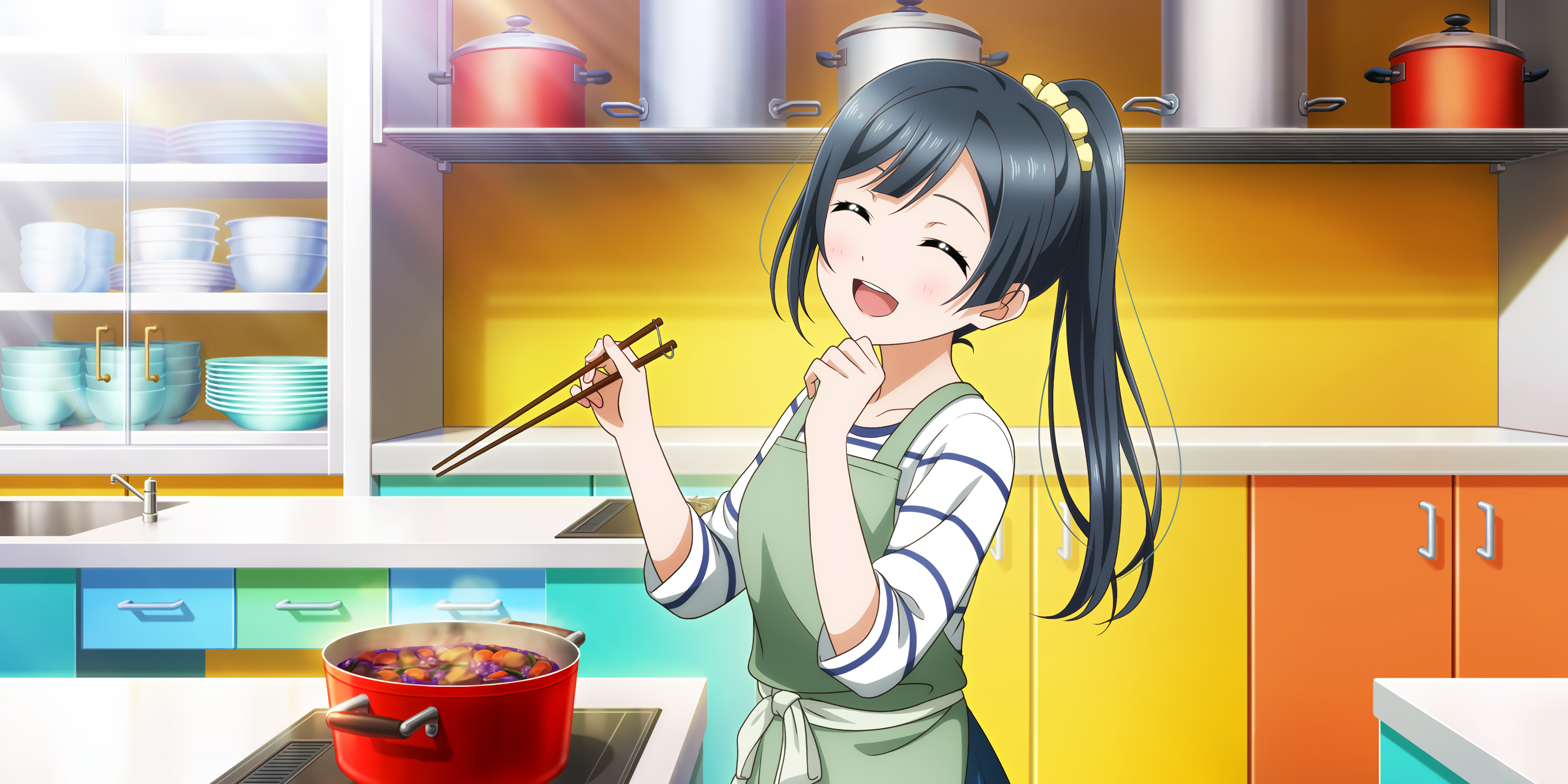 Yuki Setsuna Love Live Anime Anime Girls Food Cooking Closed Eyes 3670x1836