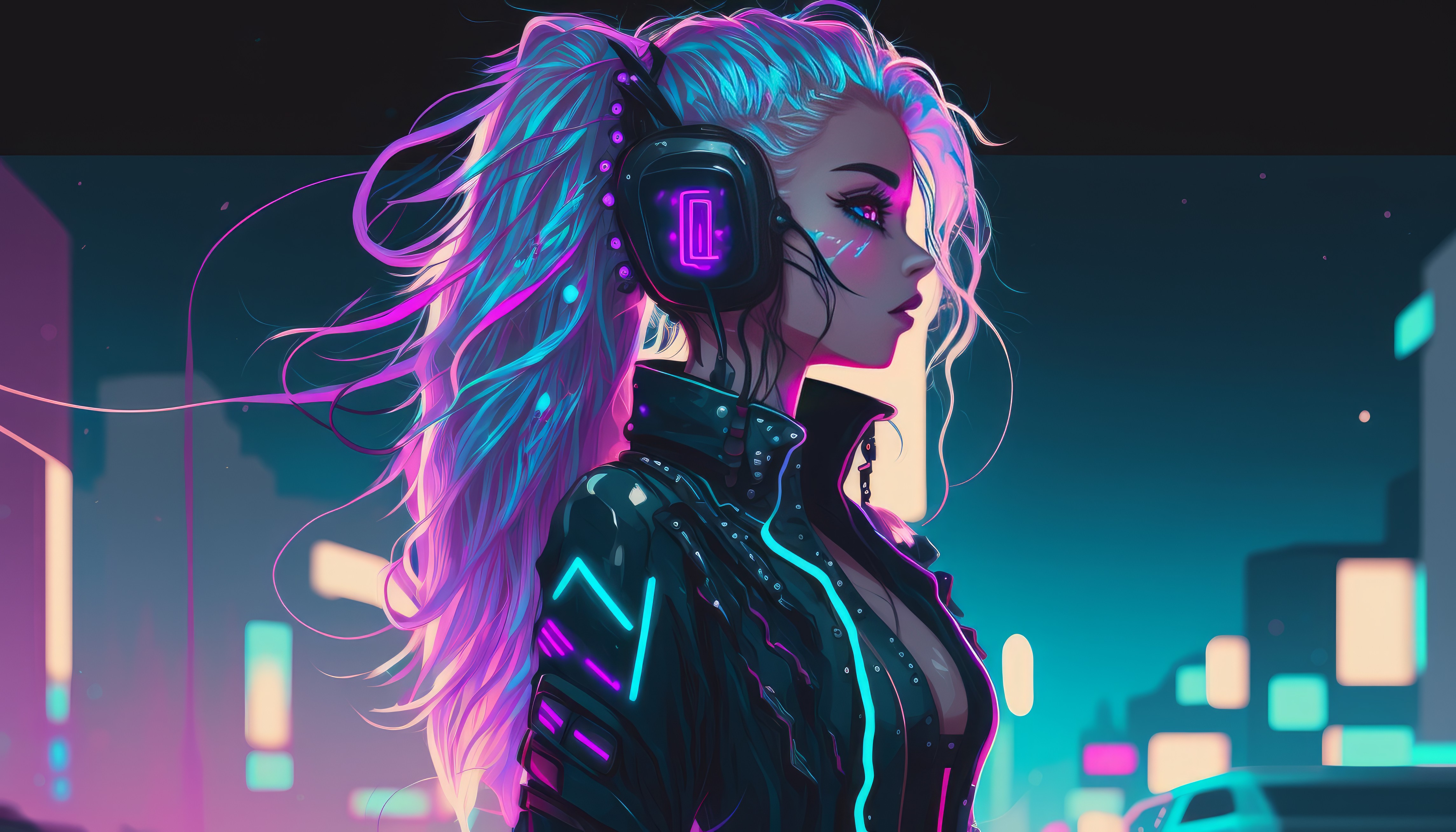 Ai Art Illustration Women City Cyberpunk Night Profile Ponytail Headphones Fantasy Art Fantasy Girl  4579x2616